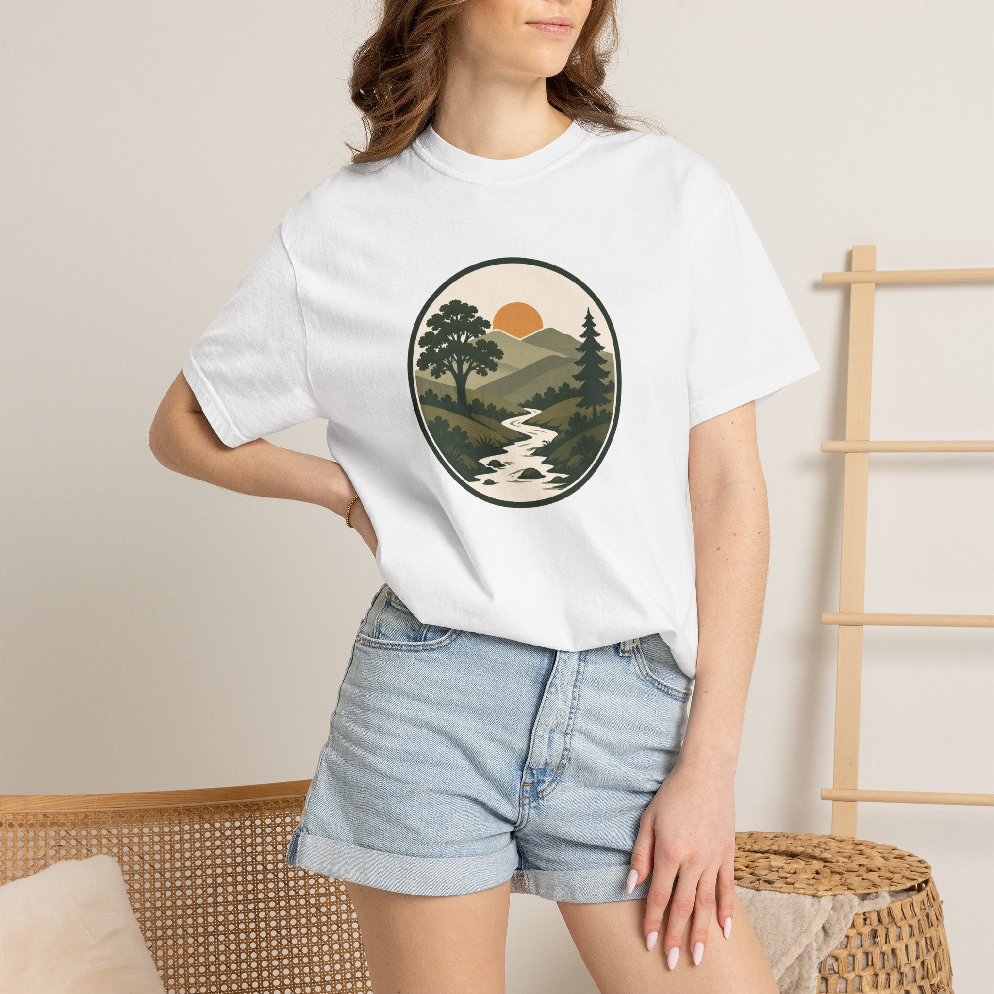 Simple Goodness Badge T-Shirt — Scenic Mountain Sunset River Design