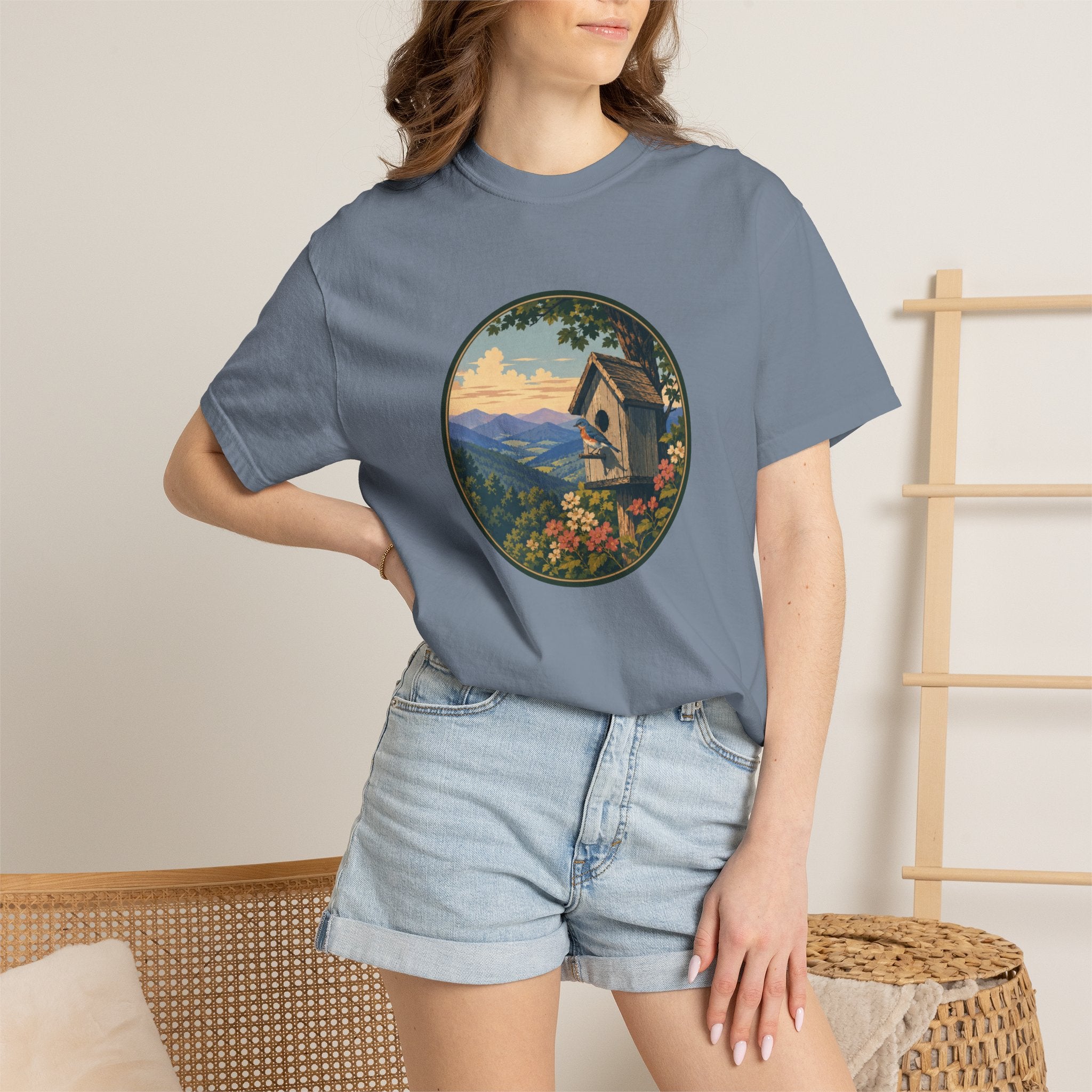 Scenic Birdhouse Tee — Mountain Sunrise Nature T-Shirt