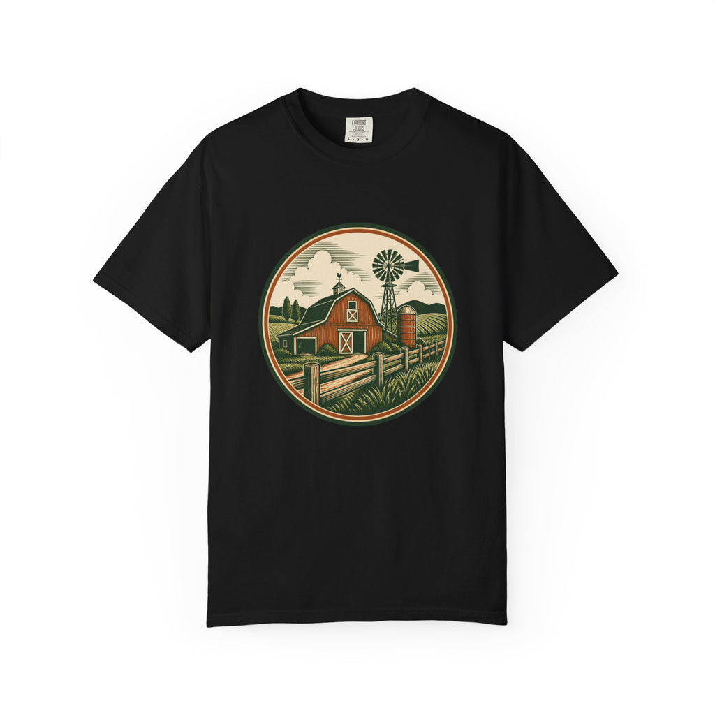 Barn & Windmill Farm T-Shirt — Vintage Rural Landscape Tee