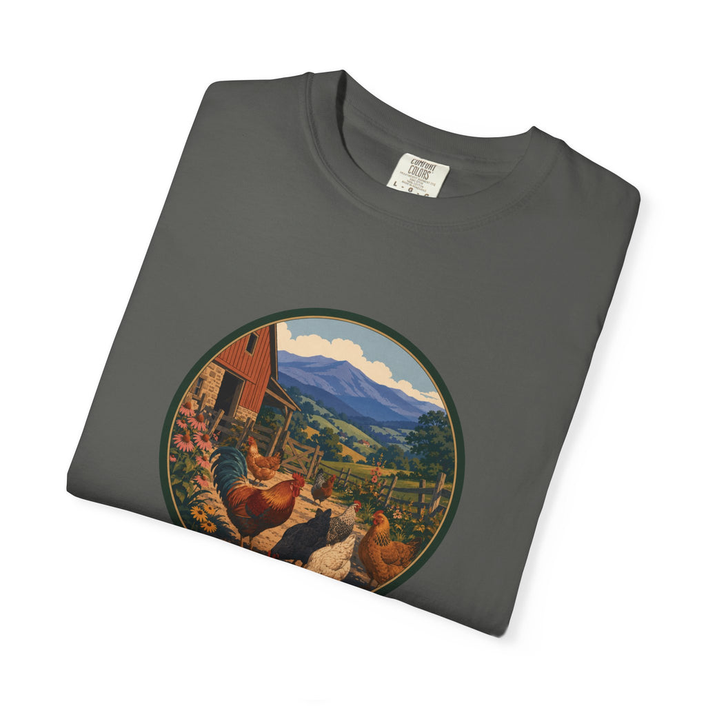 Chicken Farm Vintage Tee — Pastoral Hen Scene T-Shirt