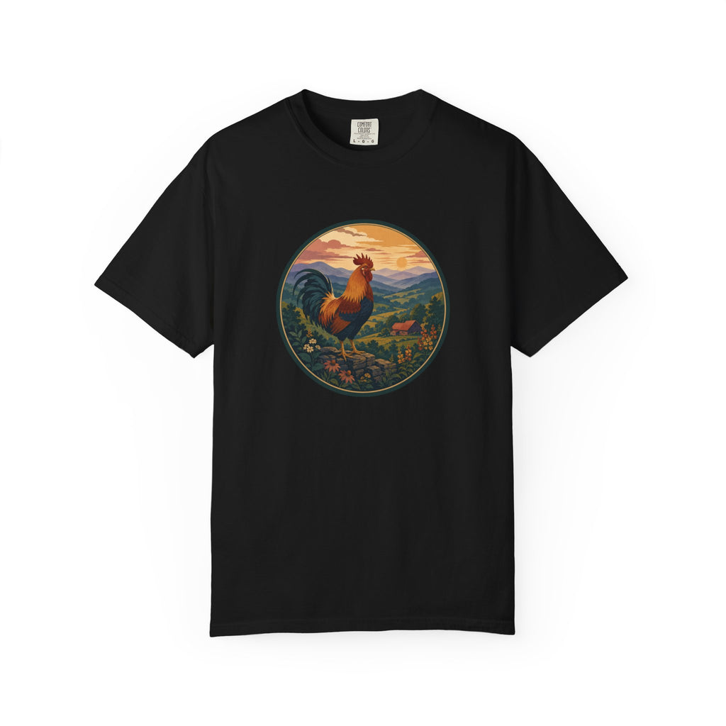 Blue Ridge Rooster Sunrise T-Shirt — Vintage Farm Scene Tee