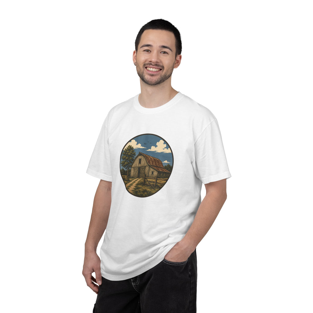 Barn Scene T-Shirt — Rustic Farmhouse Circle Graphic Tee