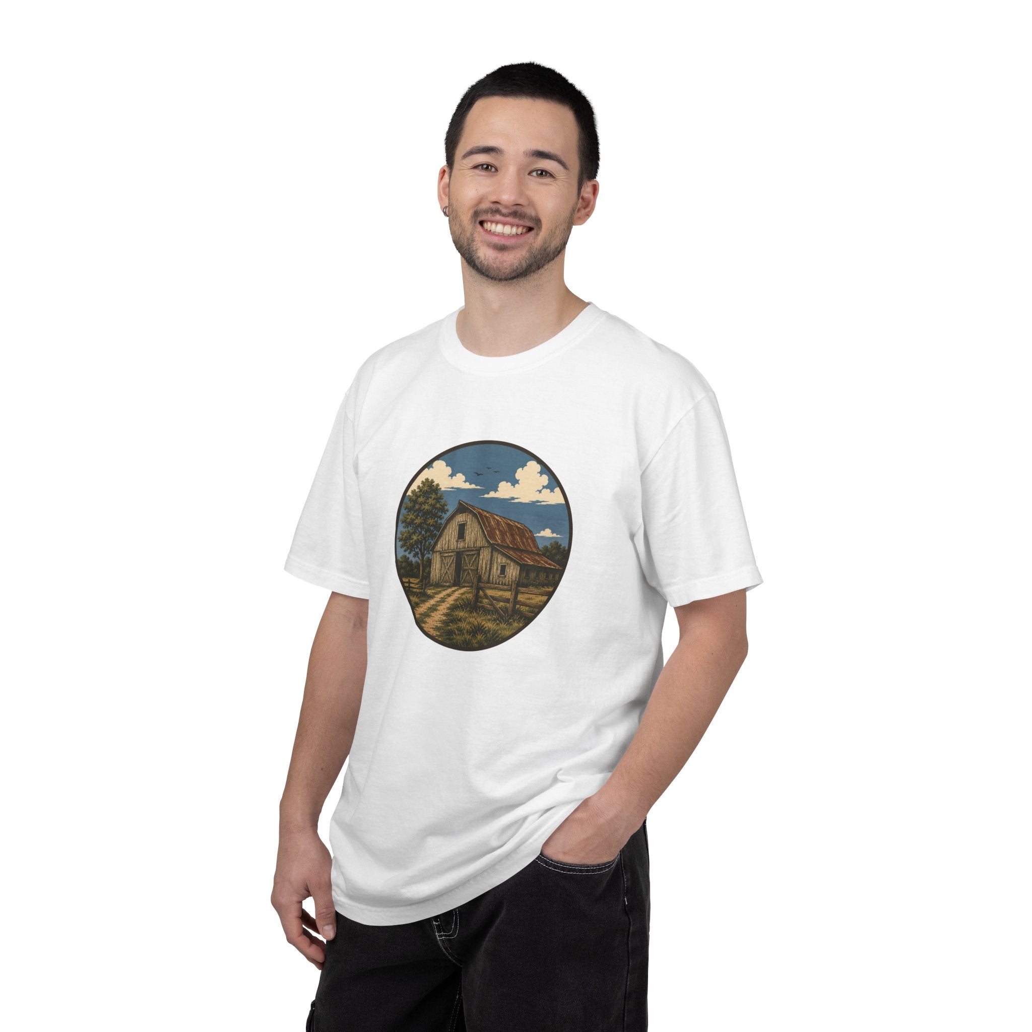 Barn Scene T-Shirt — Rustic Farmhouse Circle Graphic Tee
