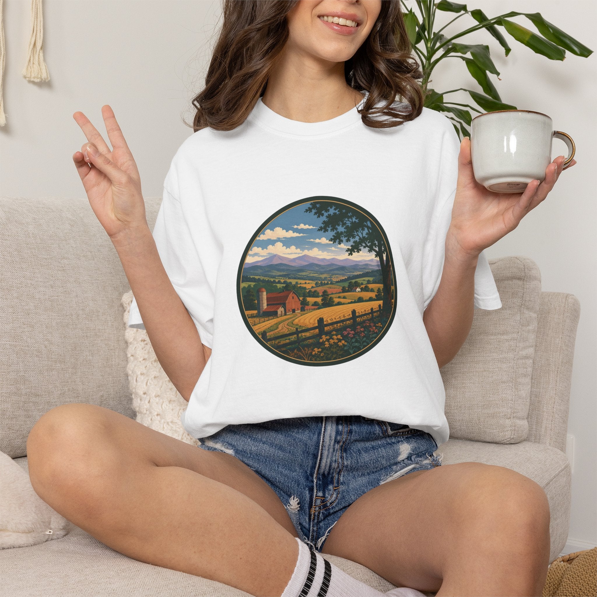 Scenic Countryside T-Shirt — Vintage Farm Landscape Graphic