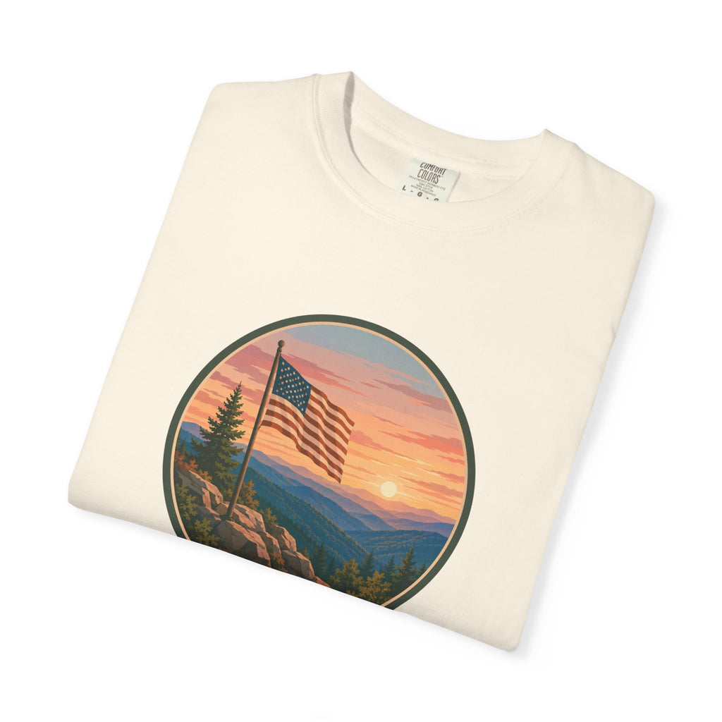 Flag Over Blue Ridge Mountains T-Shirt — Scenic Sunset American Flag Graphic Tee