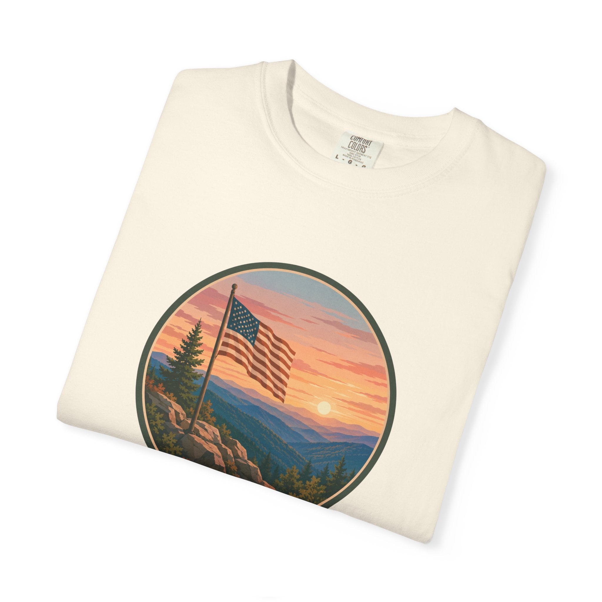 Flag Over Blue Ridge Mountains T-Shirt — Scenic Sunset American Flag Graphic Tee