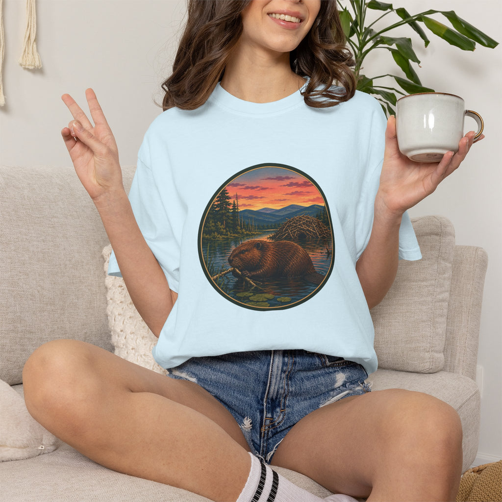 Beaver Sunset T-Shirt — Mountain Lake Wildlife Graphic Tee