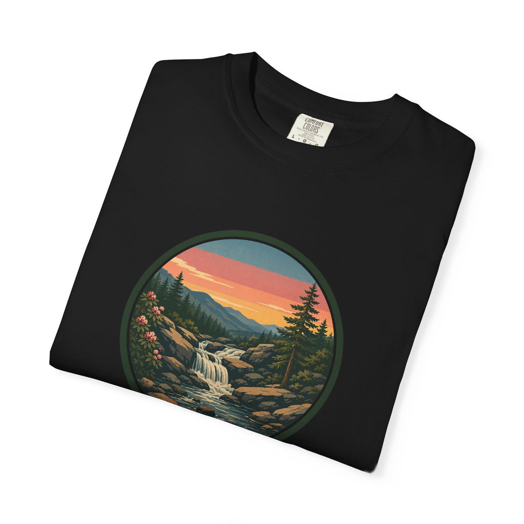 Scenic Waterfall T‑Shirt — Sunset Wilderness Nature Graphic