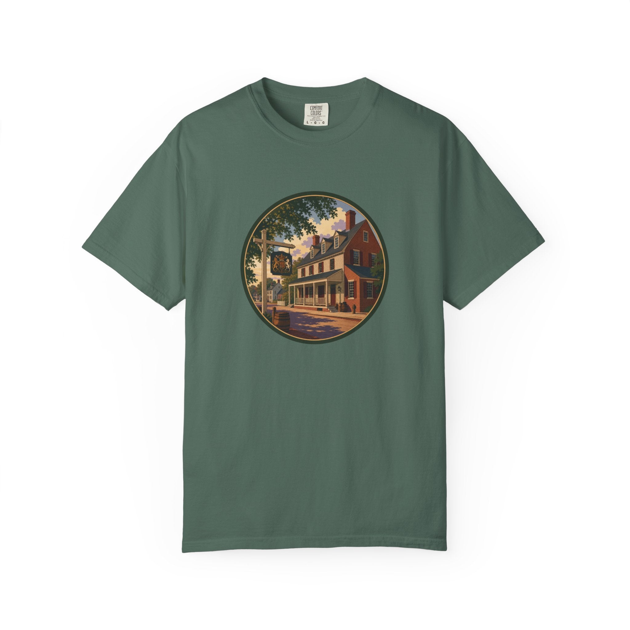 Historic Main Street Tavern T-Shirt — Colonial Village Scene Tee