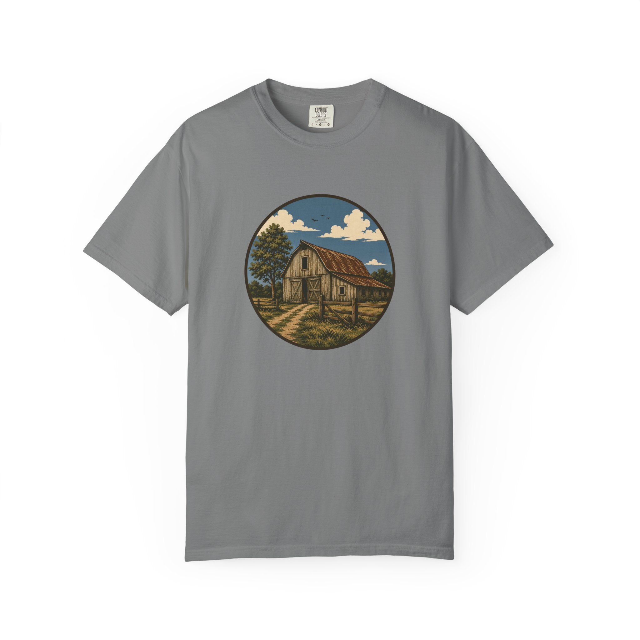 Barn Scene T-Shirt — Rustic Farmhouse Circle Graphic Tee