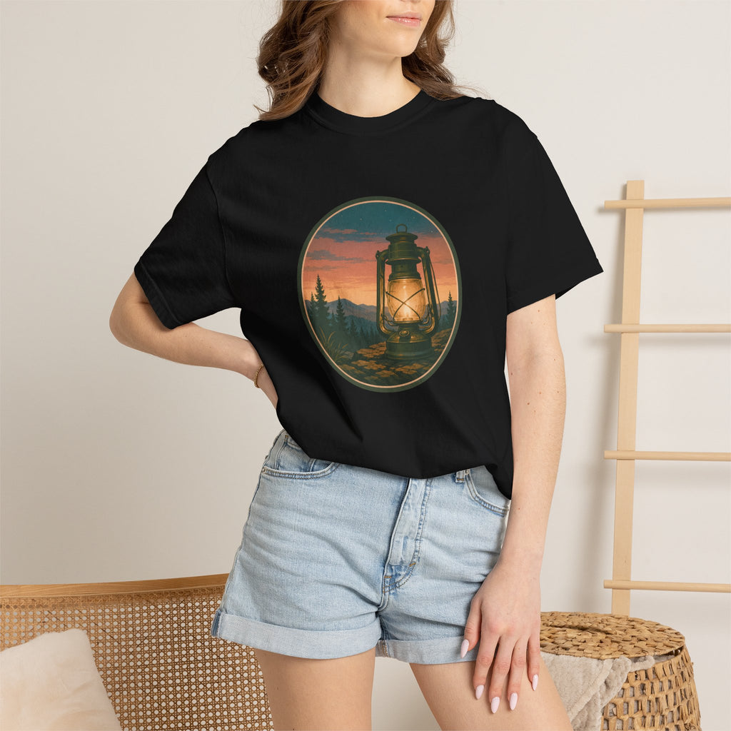 Lantern Sunset T-Shirt — Vintage Campfire Night Graphic Tee