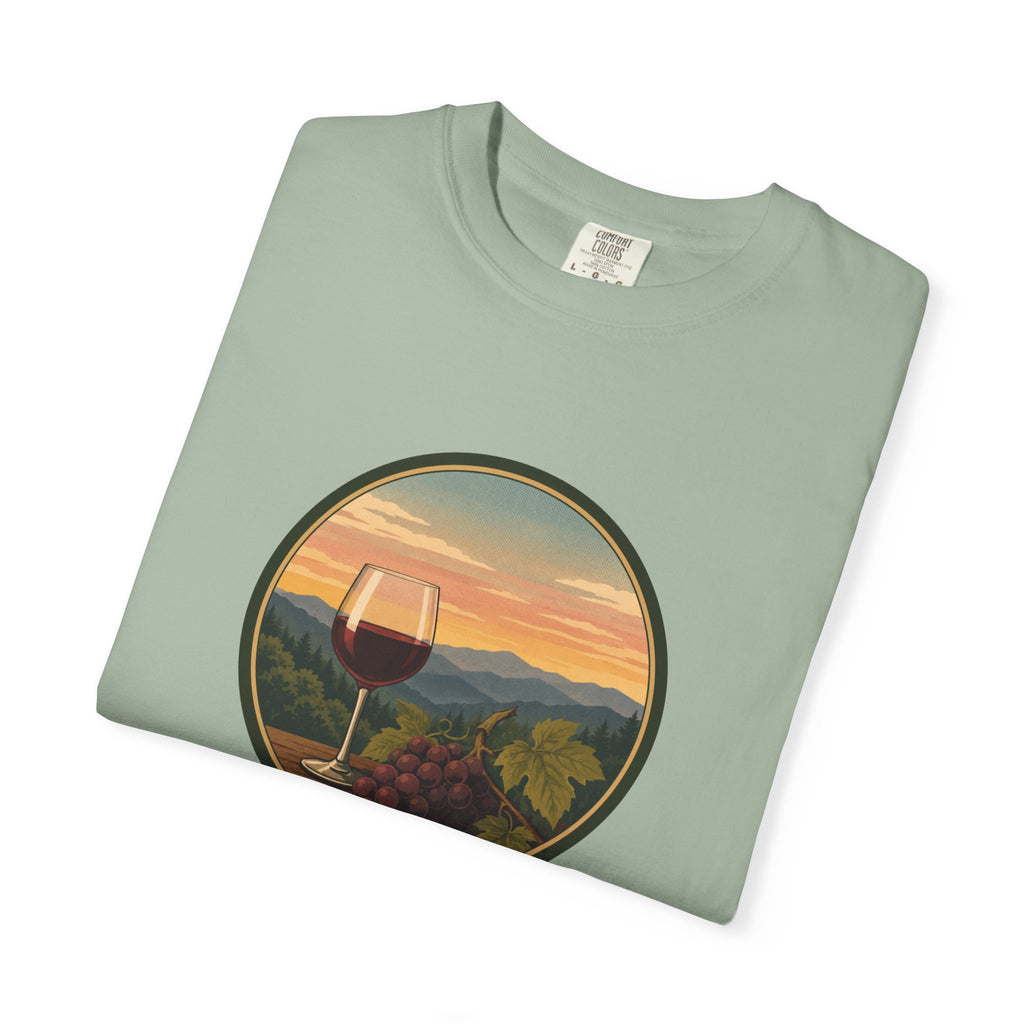 Wine Sunset T-Shirt — Vineyard Glass & Grapes Scenic Tee
