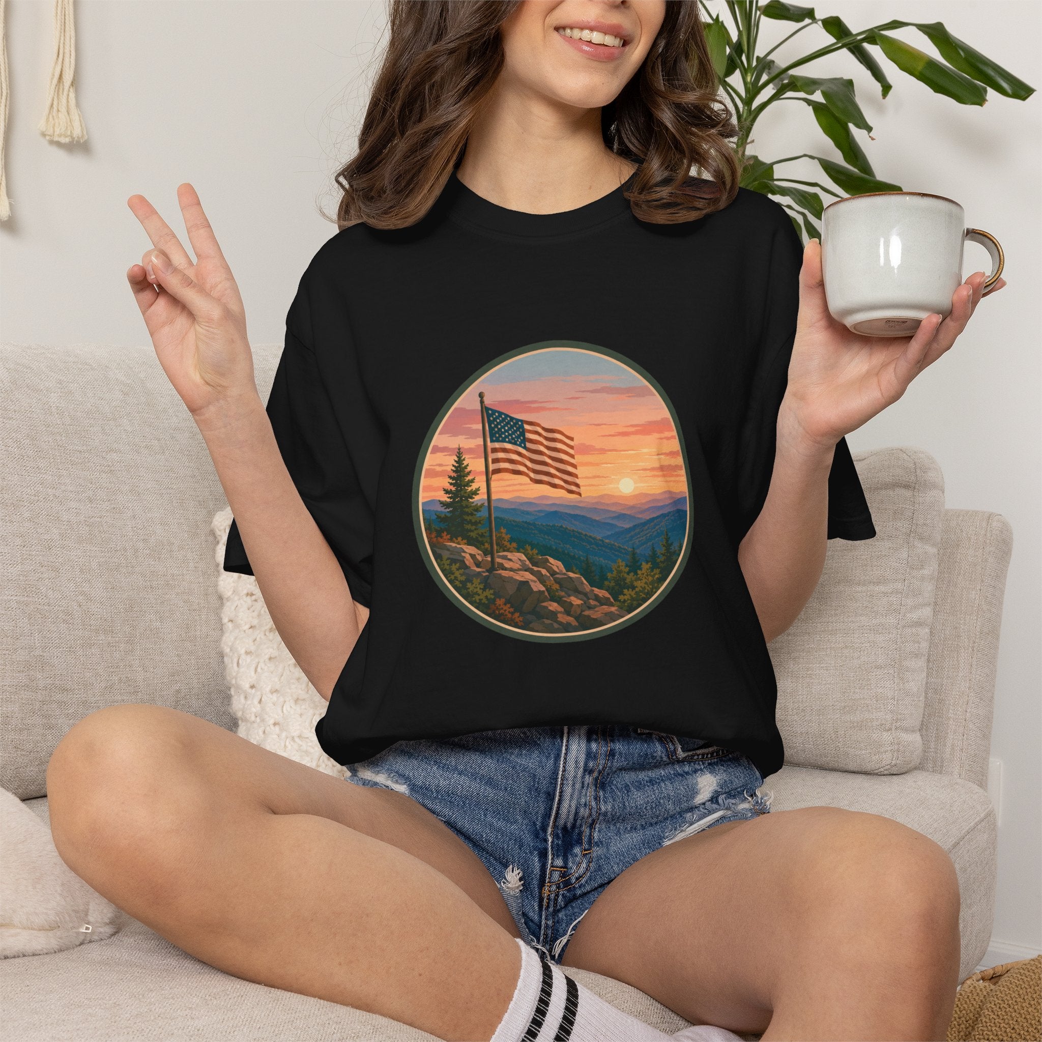 Flag Over Blue Ridge Mountains T-Shirt — Scenic Sunset American Flag Graphic Tee