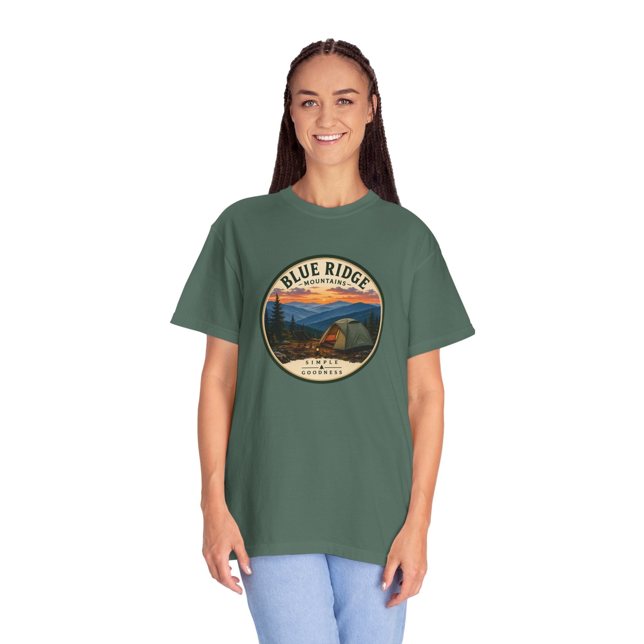 Blue Ridge Mountains Camping T-Shirt — Vintage Scenic Camp Graphic