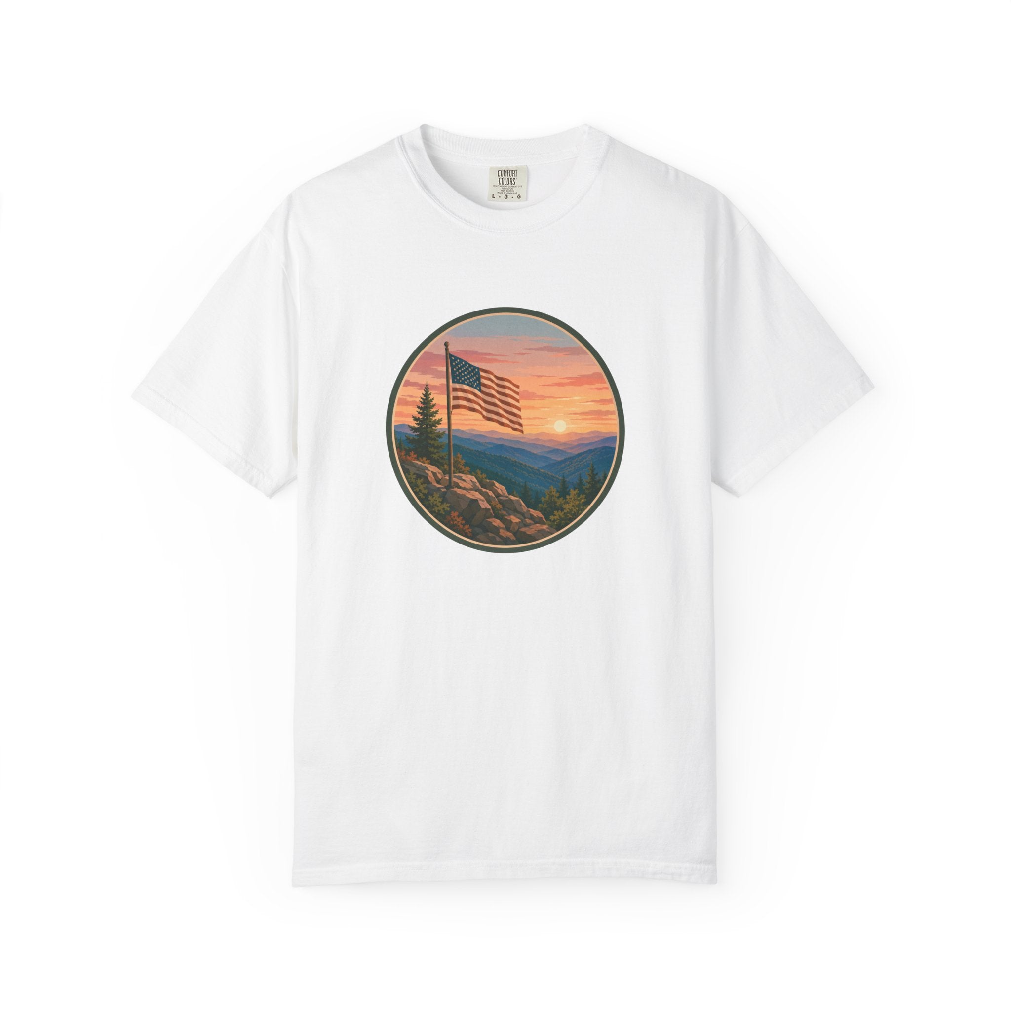 Flag Over Blue Ridge Mountains T-Shirt — Scenic Sunset American Flag Graphic Tee