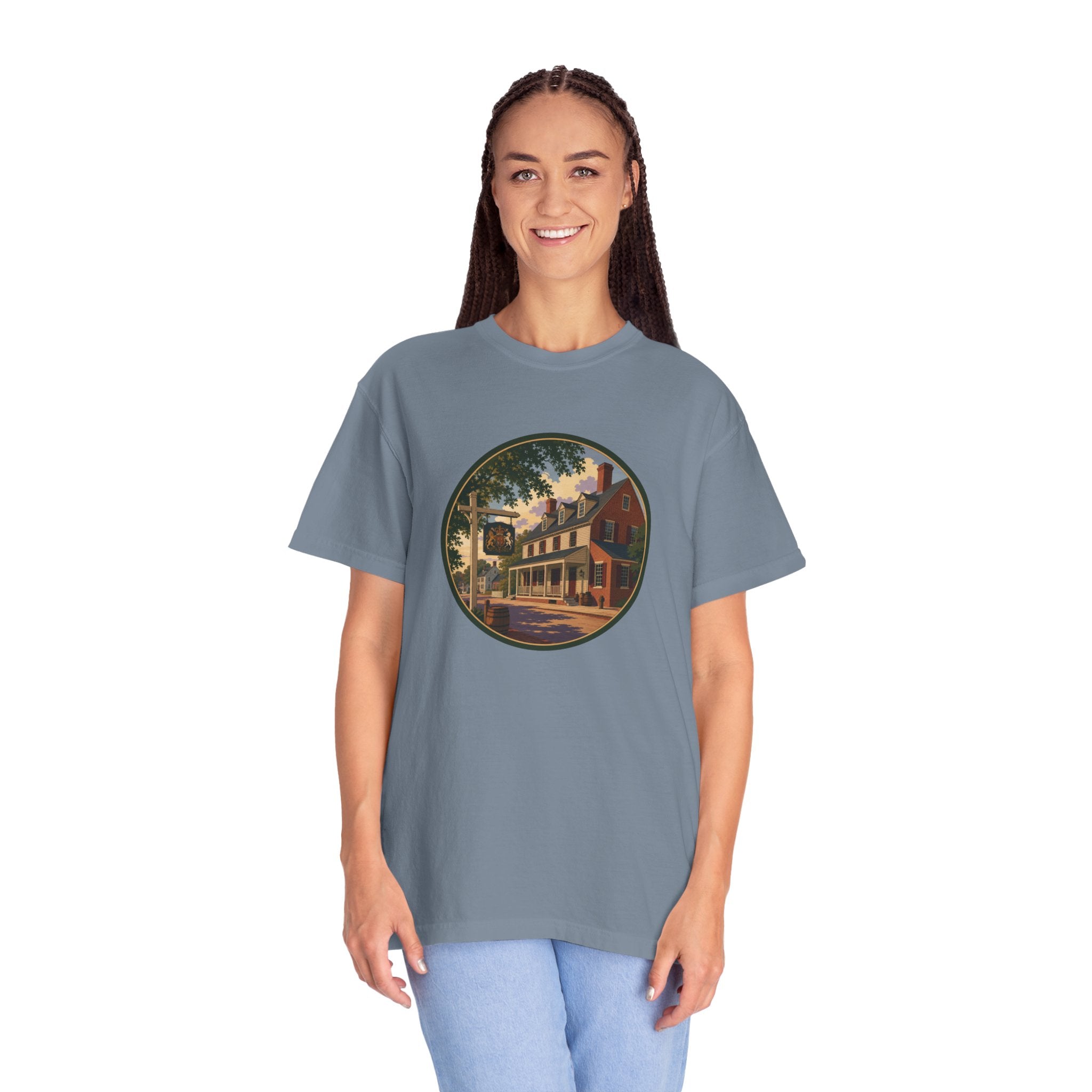 Historic Main Street Tavern T-Shirt — Colonial Village Scene Tee