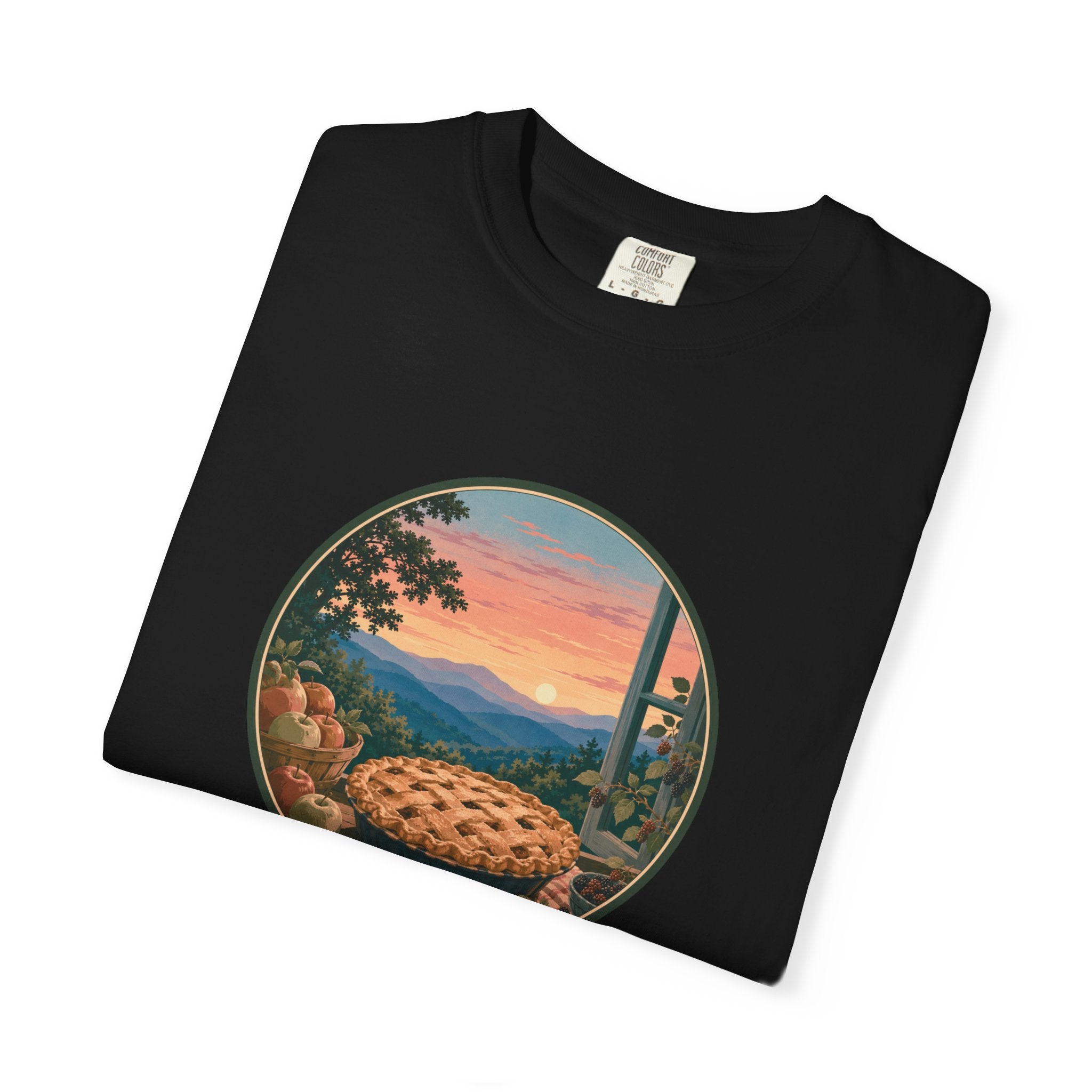 Scenic Pie Window T-Shirt — Sunset Mountain View Graphic Tee