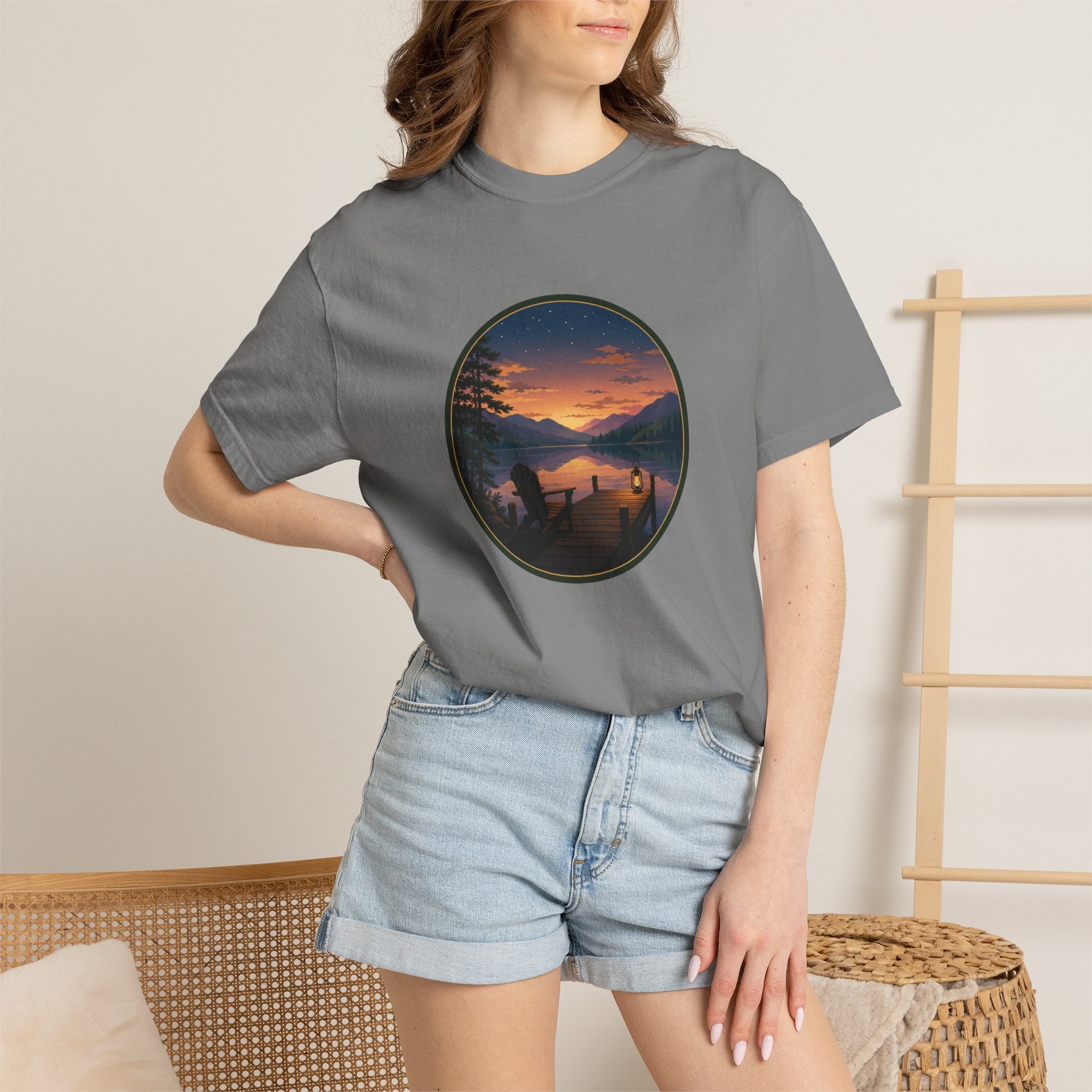 Sunset Lake Camping T-Shirt — Scenic Mountain Lantern Graphic