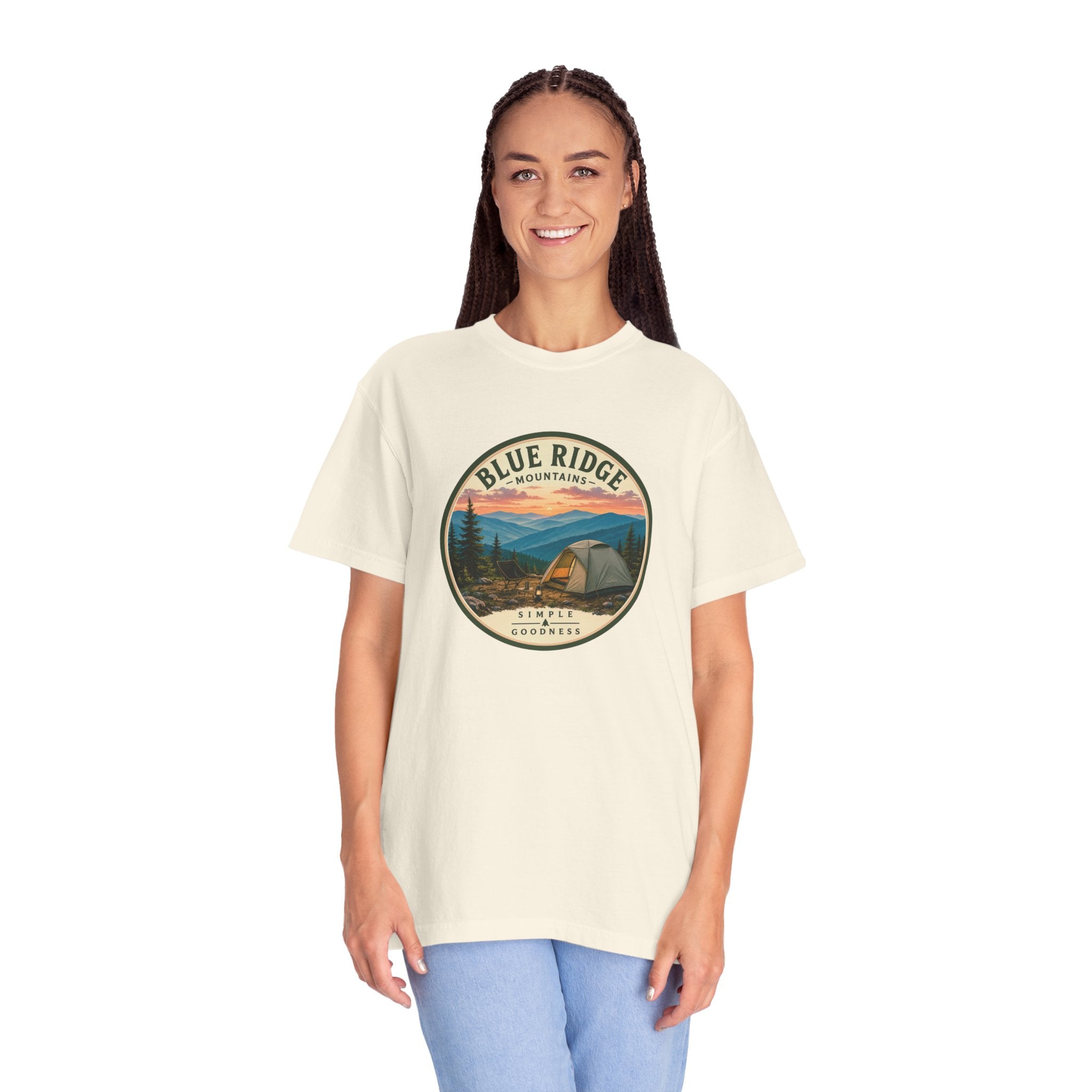 Blue Ridge Mountains Camping T-Shirt — Vintage Scenic Camp Graphic