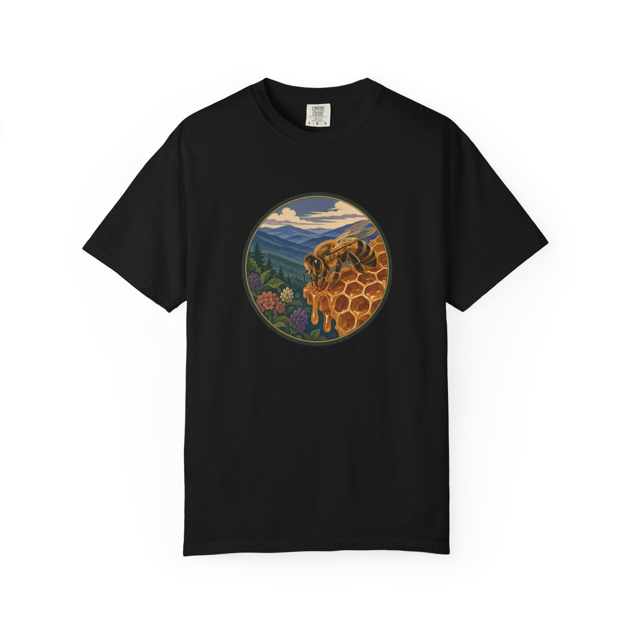 Honey Bee & Mountains Graphic T-Shirt — Honeycomb Nature Illustration
