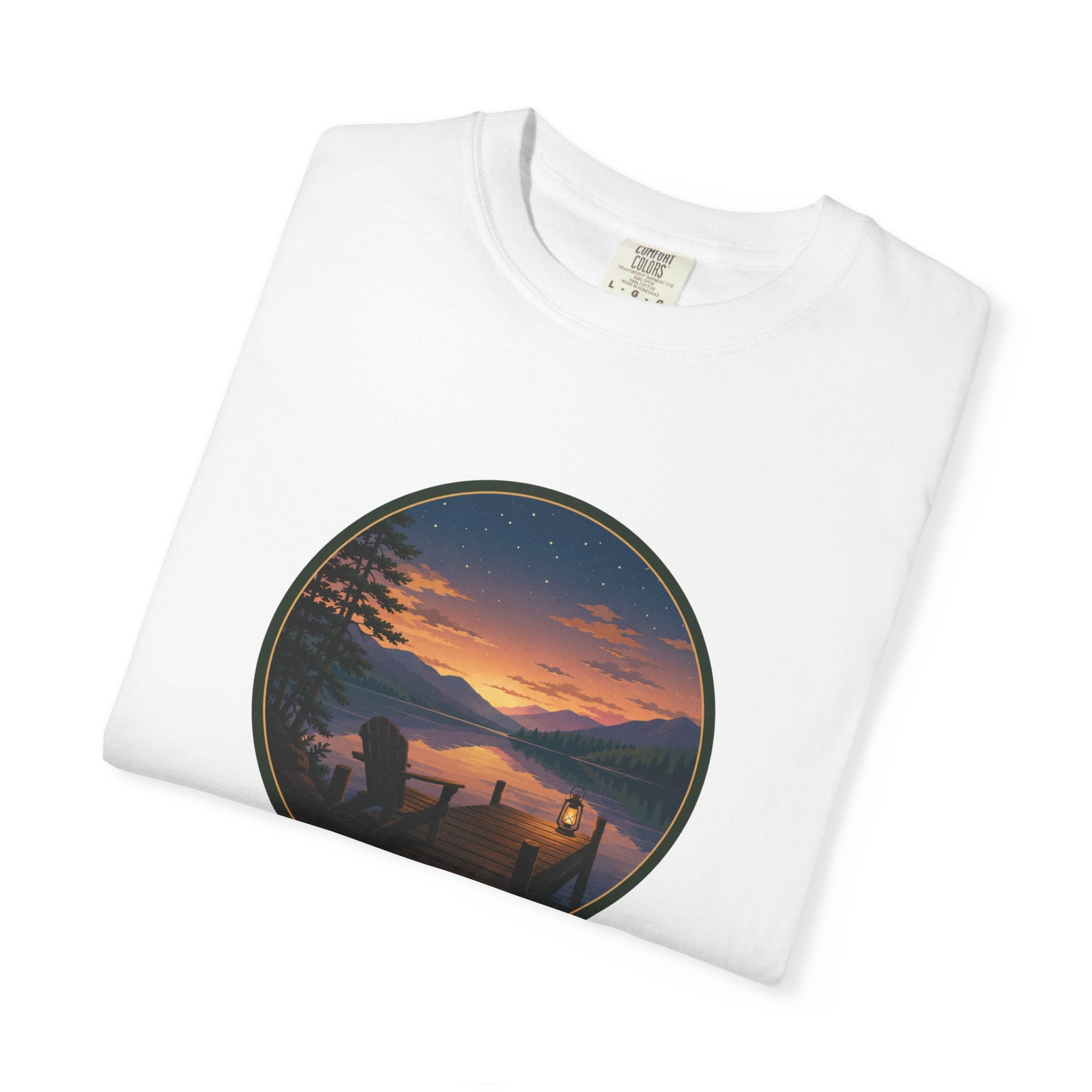 Sunset Lake Camping T-Shirt — Scenic Mountain Lantern Graphic