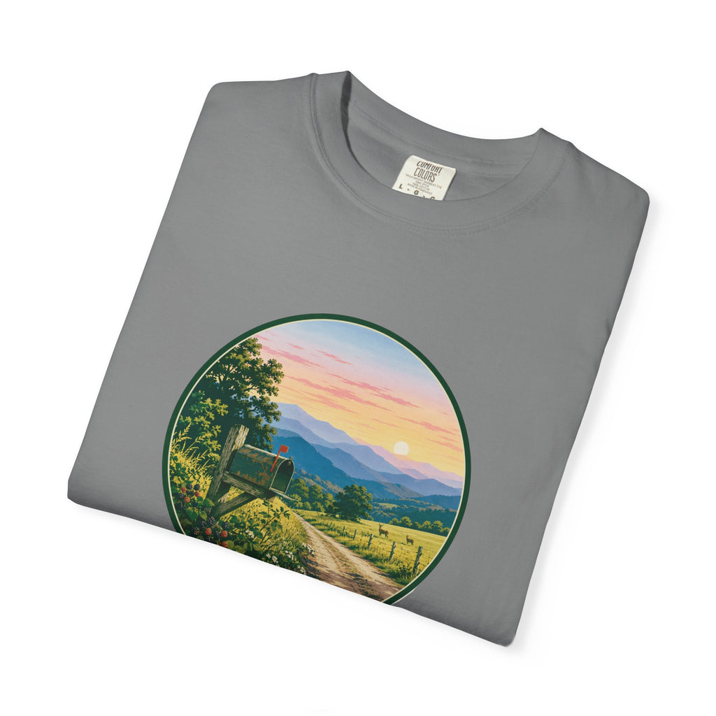 Scenic Backroad Sunset T-Shirt — Vintage Mailbox Circle Landscape Tee