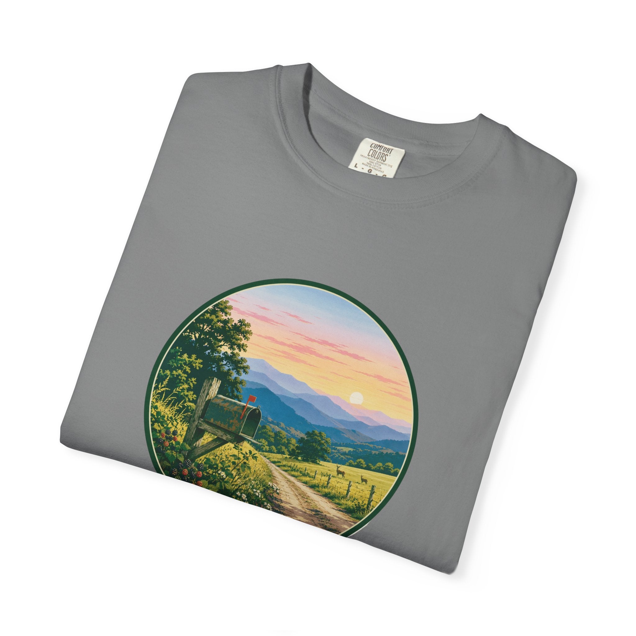 Scenic Backroad Sunset T-Shirt — Vintage Mailbox Circle Landscape Tee