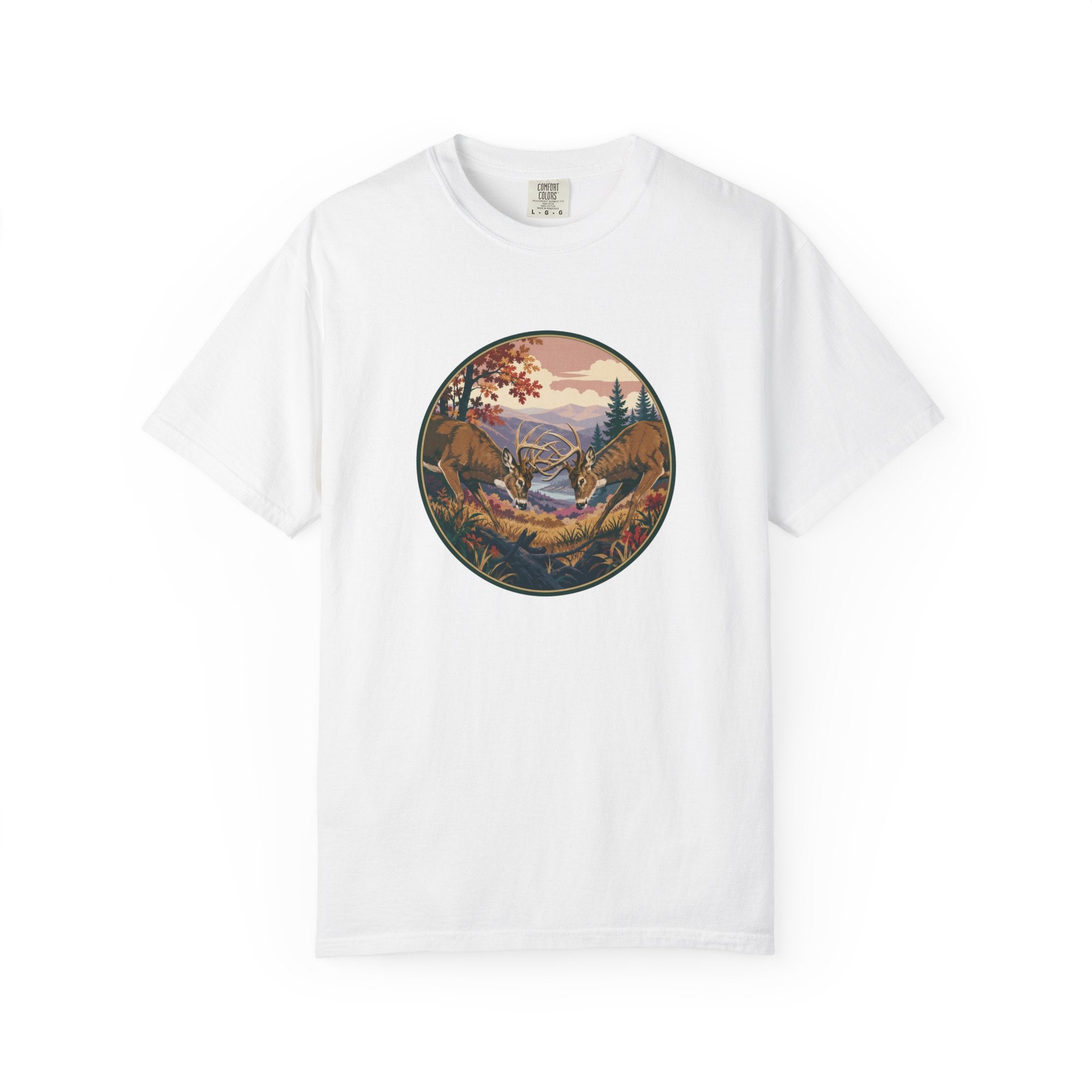 Scenic Wilderness Circle T-Shirt — Mountain Camping & Deer Nature Graphic
