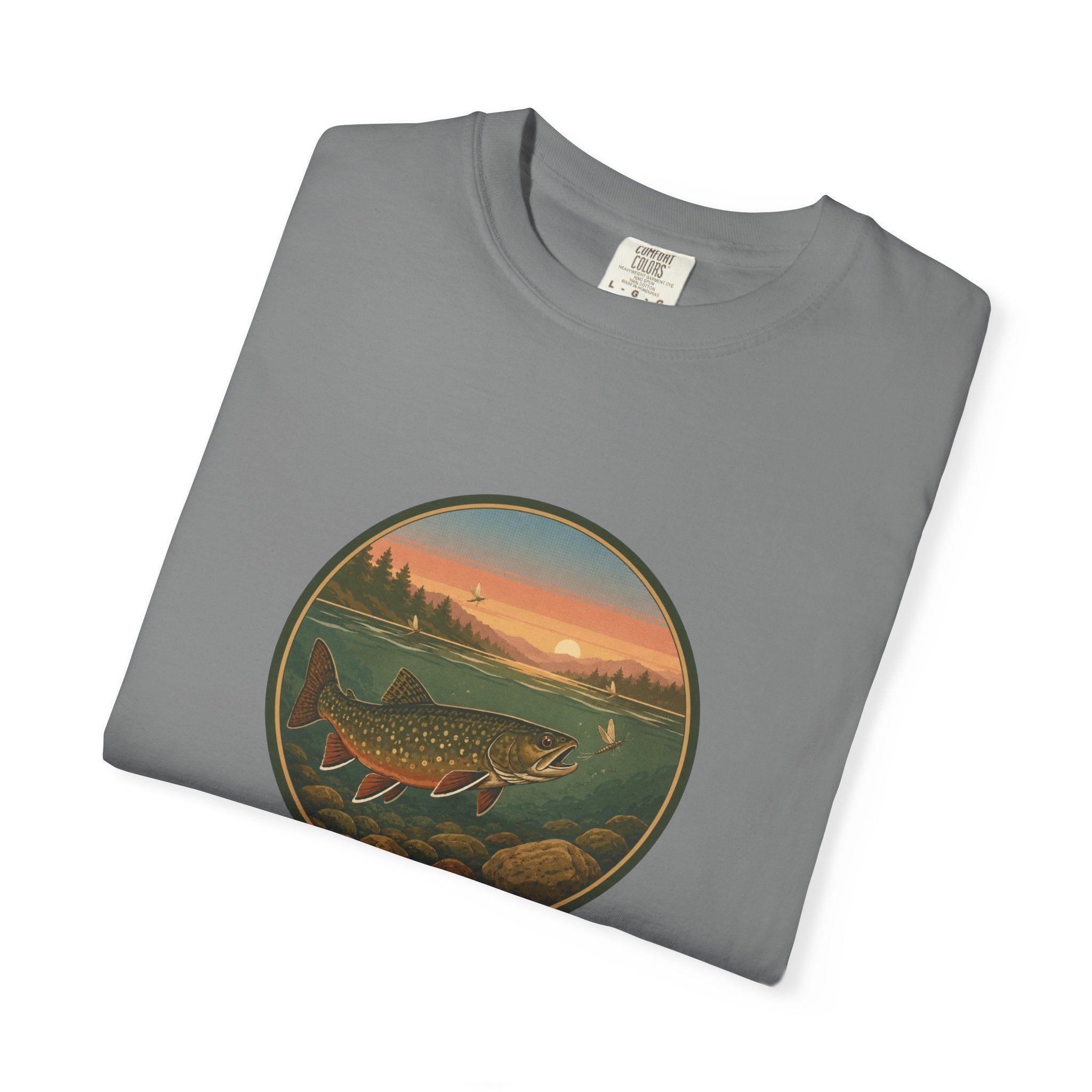Brook Trout Sunset Fishing T-Shirt — Vintage River Scene Tee