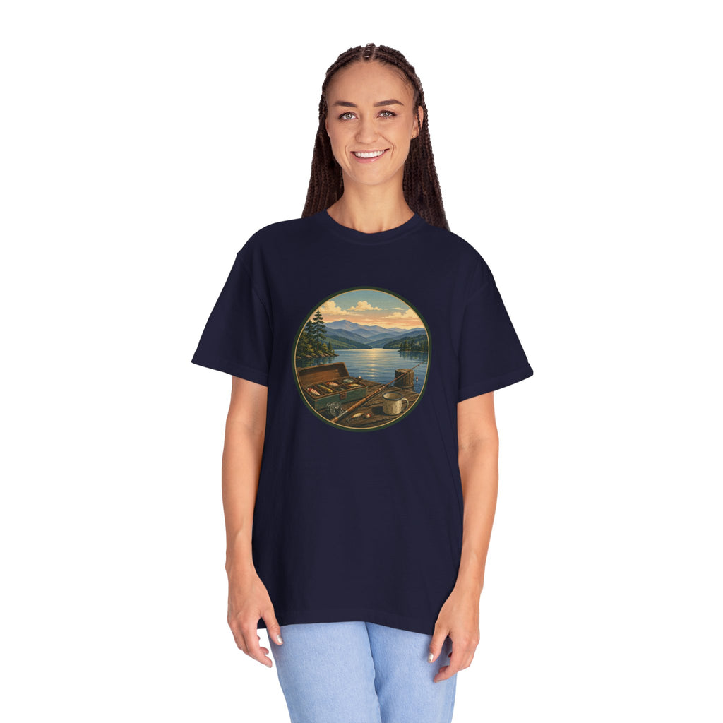 Vintage Fishing Tackle T-Shirt — Mountain View Dock Scene Tee