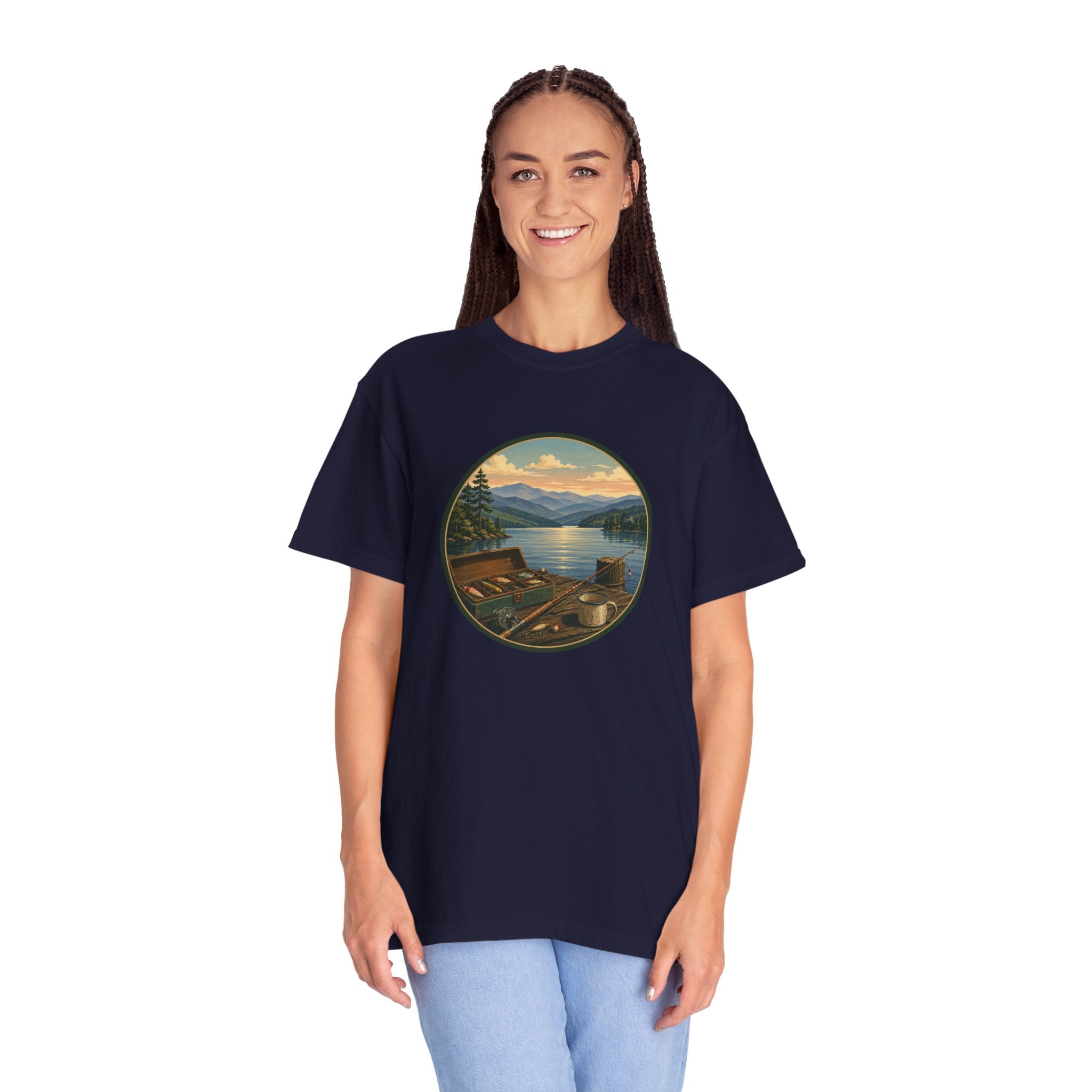 Vintage Fishing Tackle T-Shirt — Mountain View Dock Scene Tee