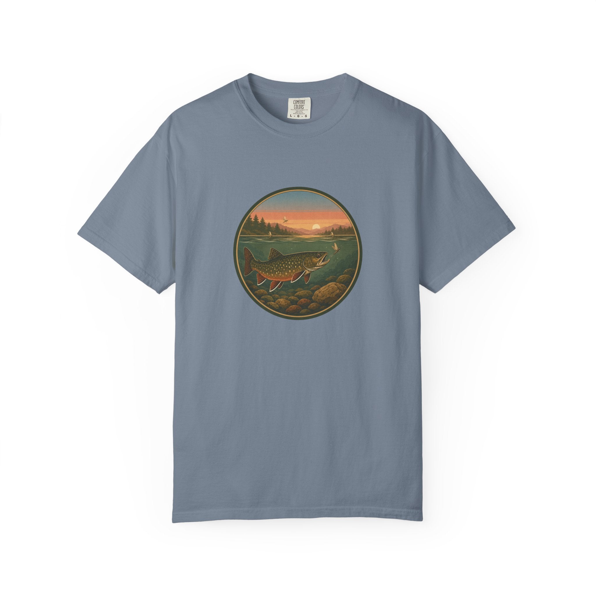Brook Trout Sunset Fishing T-Shirt — Vintage River Scene Tee
