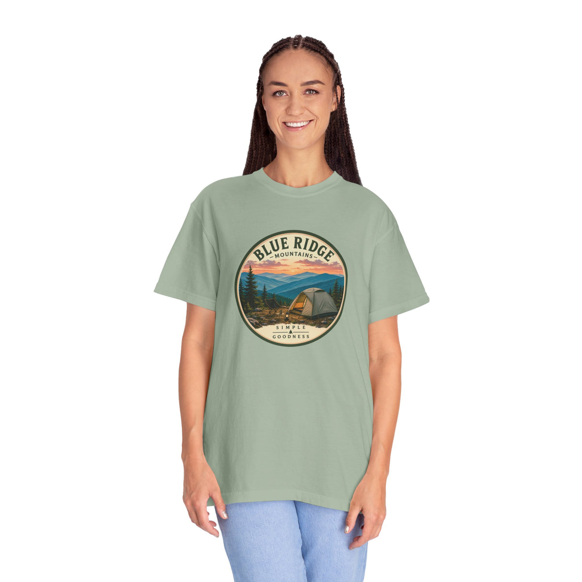 Blue Ridge Mountains Camping T-Shirt — Vintage Scenic Camp Graphic