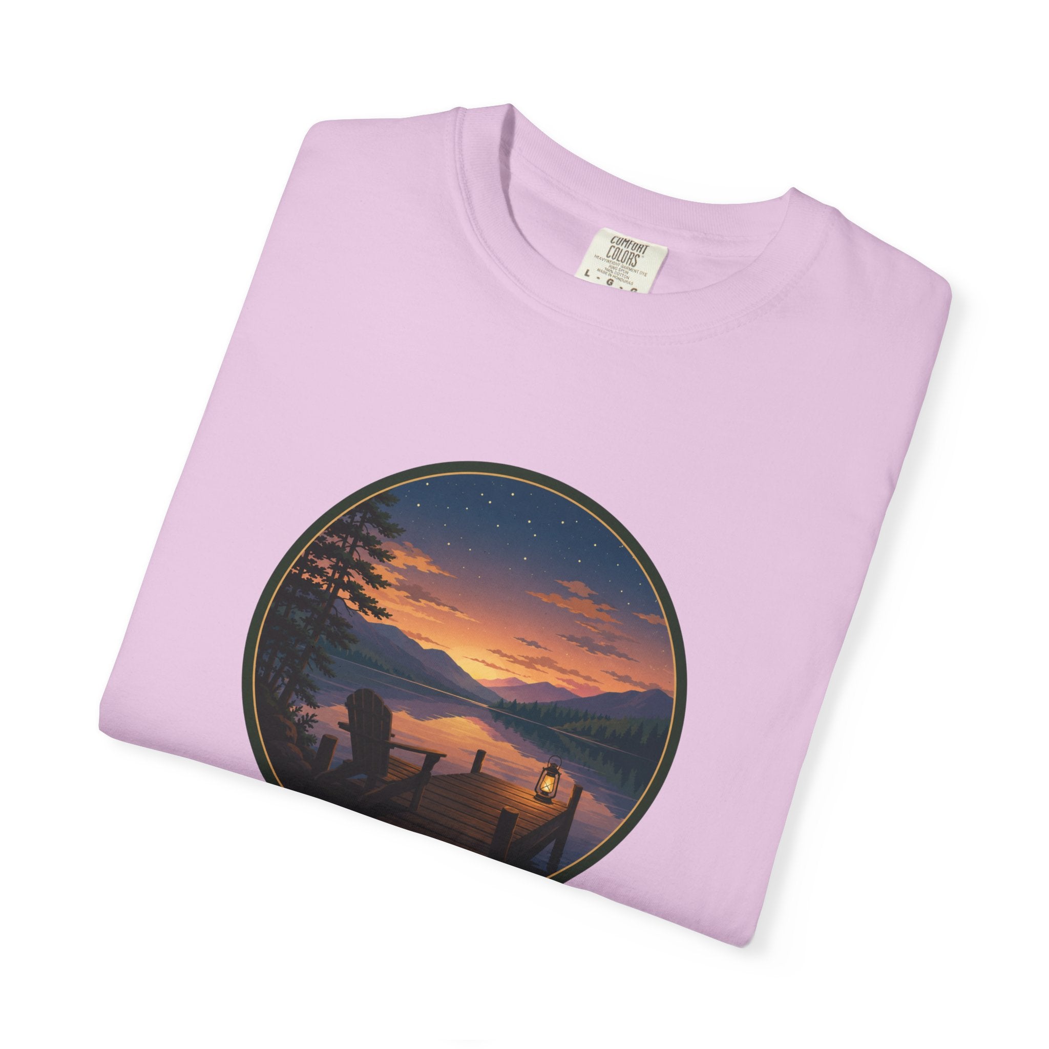 Sunset Lake Camping T-Shirt — Scenic Mountain Lantern Graphic