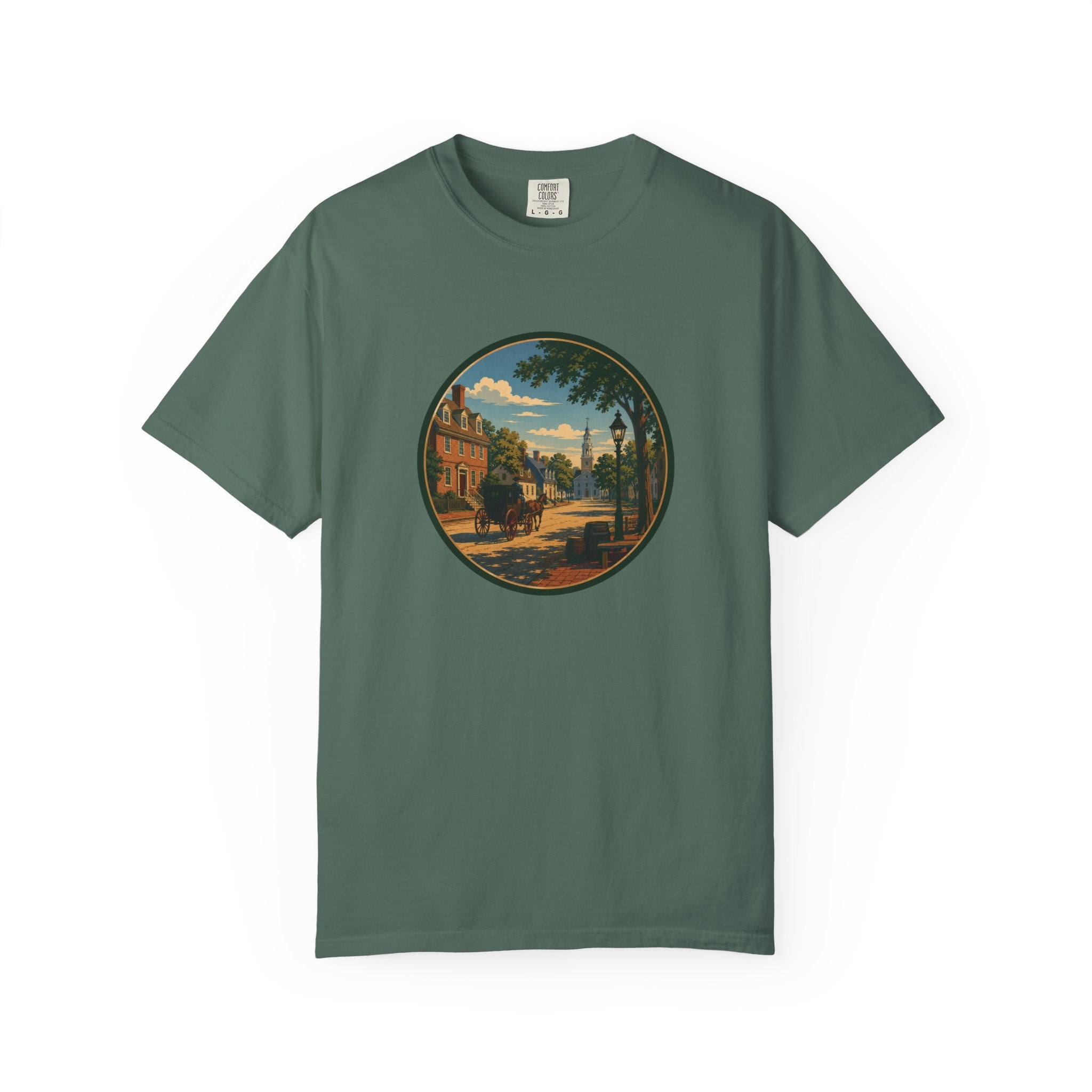 Colonial Carriage Ride T-Shirt — Retro Scenic Circle Print