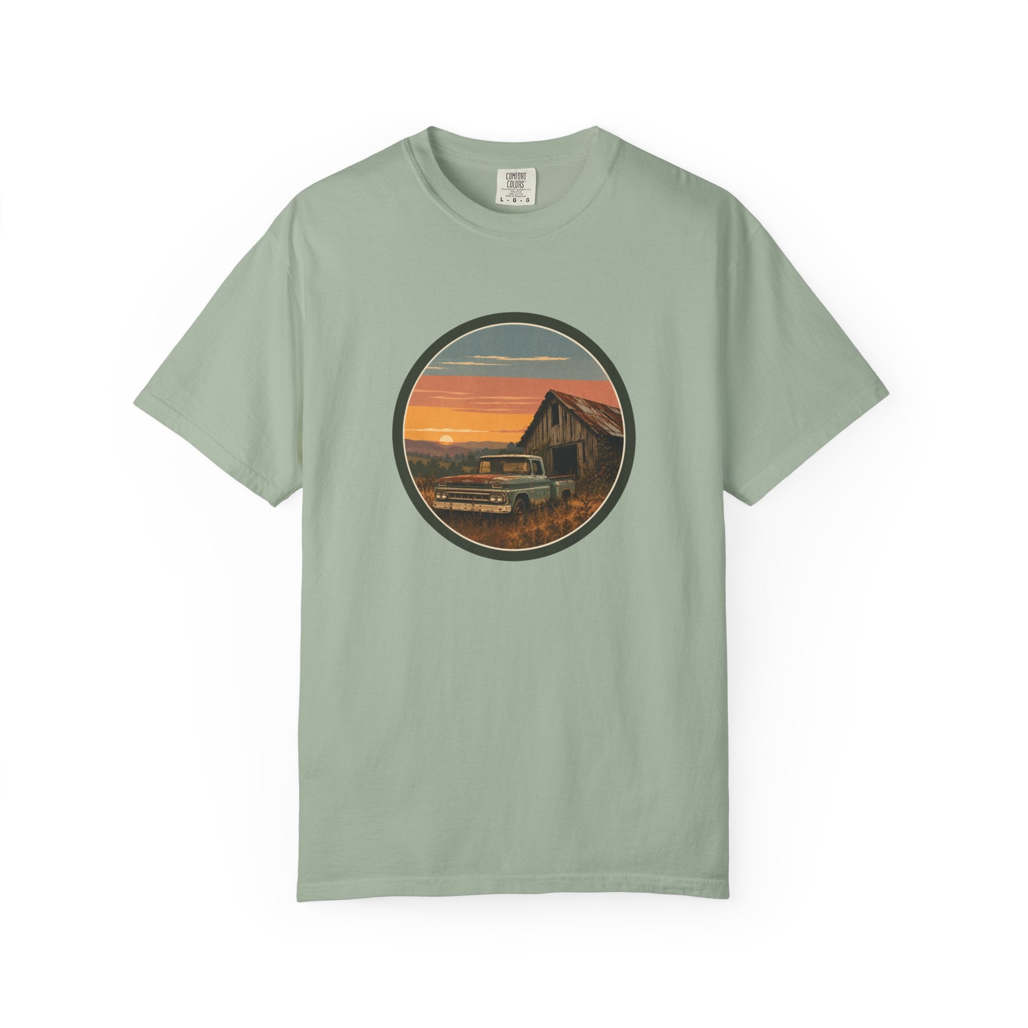 Vintage Sunset Barn T-Shirt — Retro Truck Farm Scene
