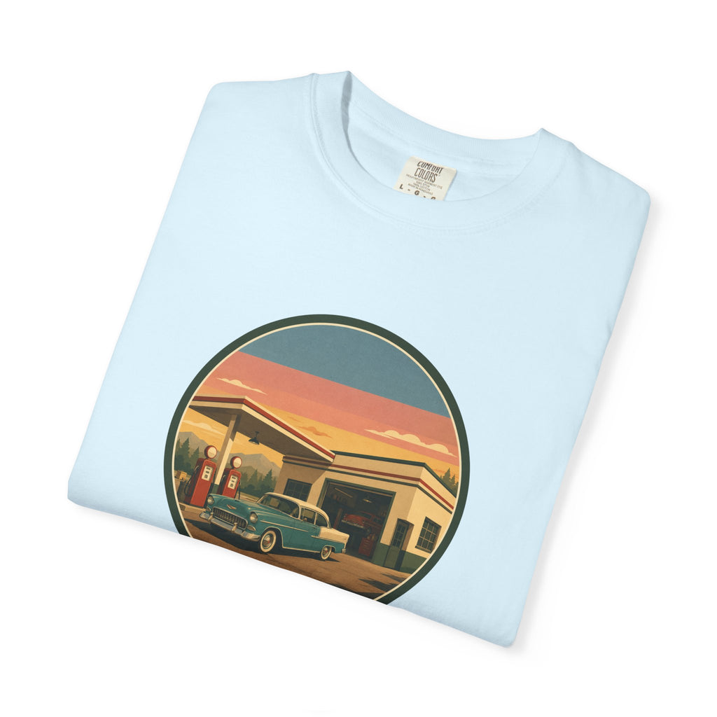 Retro Gas Station T-Shirt — Vintage Sunset Roadside Design
