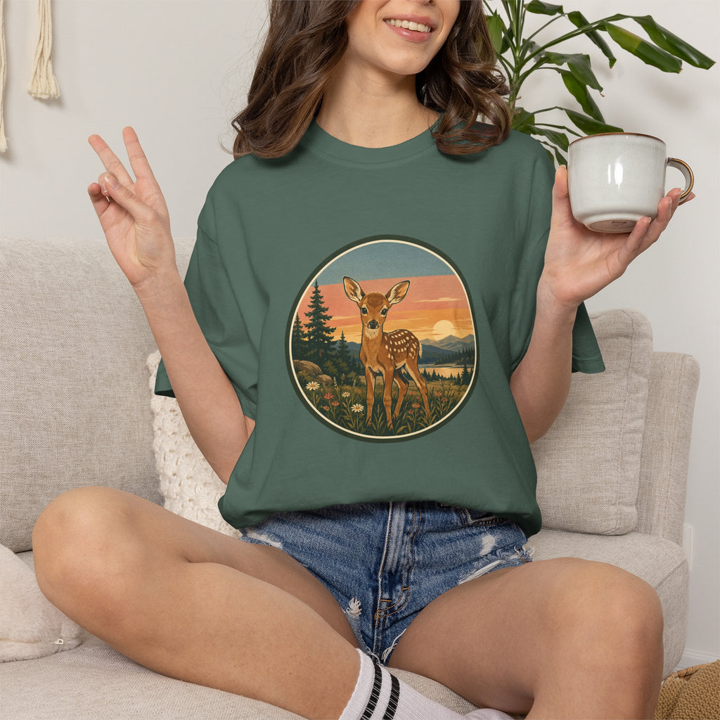 Vintage Fawn Graphic T-Shirt — Deer Sunset Nature Tee