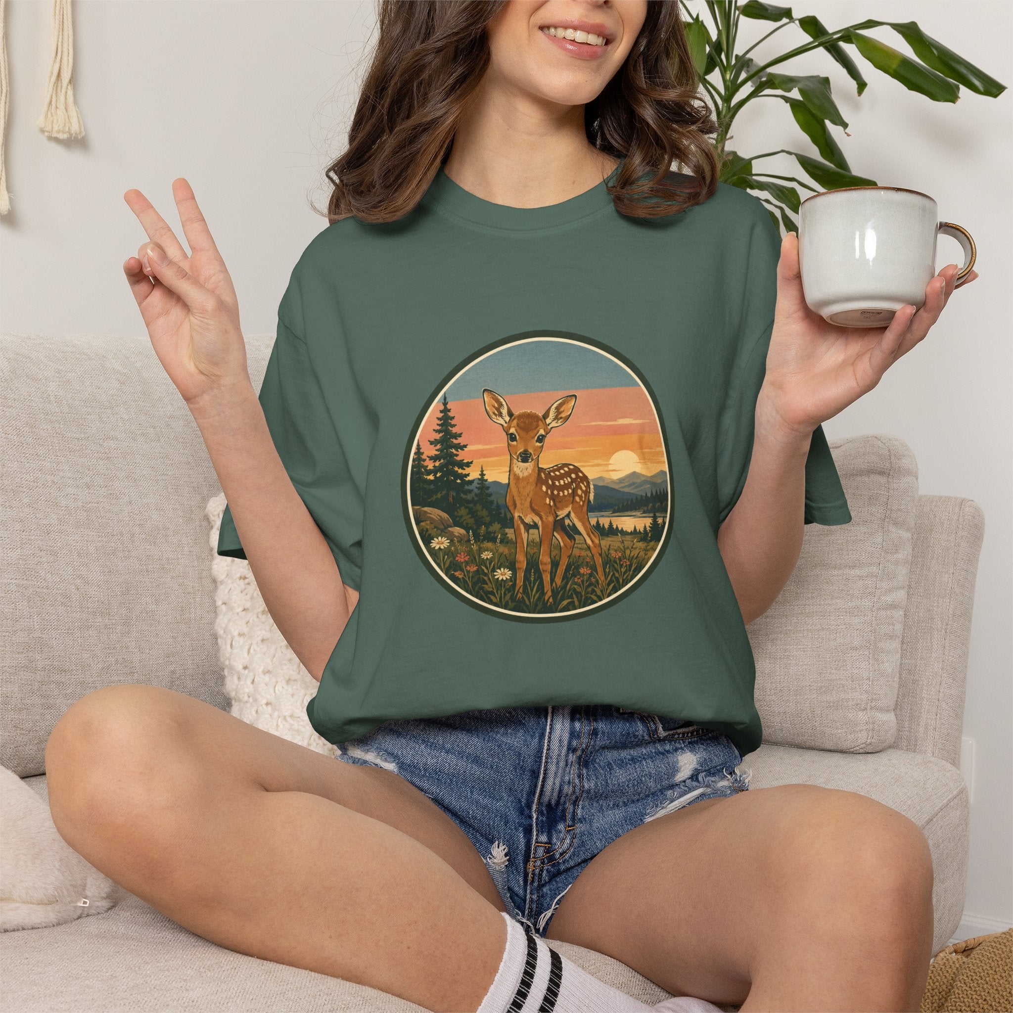 Vintage Fawn Graphic T-Shirt — Deer Sunset Nature Tee