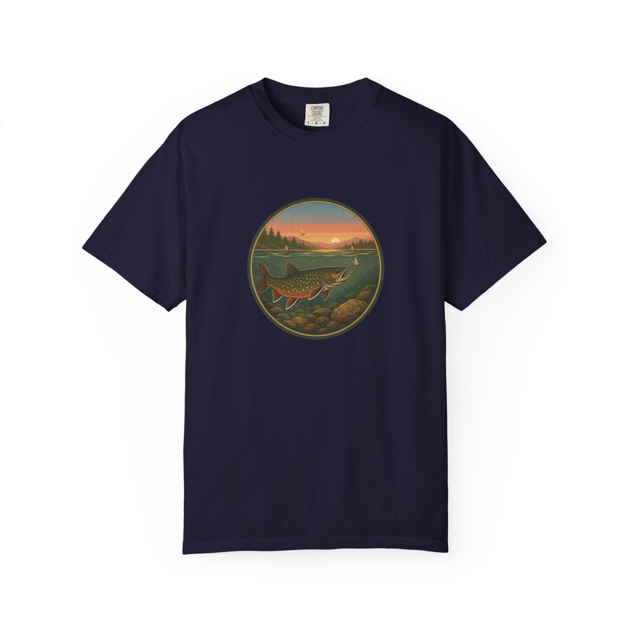 Brook Trout Sunset Fishing T-Shirt — Vintage River Scene Tee