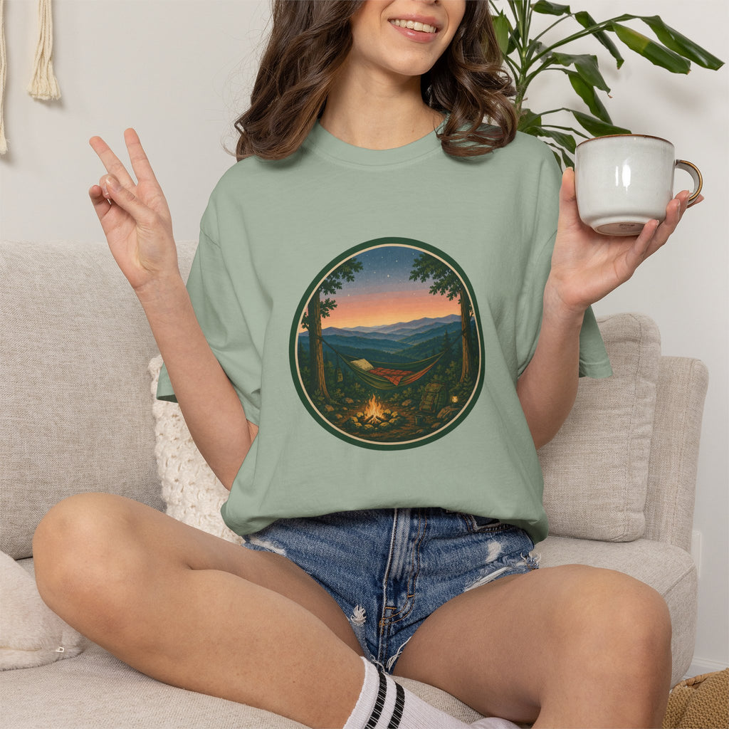 Campfire Mountain Sunset T-Shirt — Scenic Hiking Adventure Tee