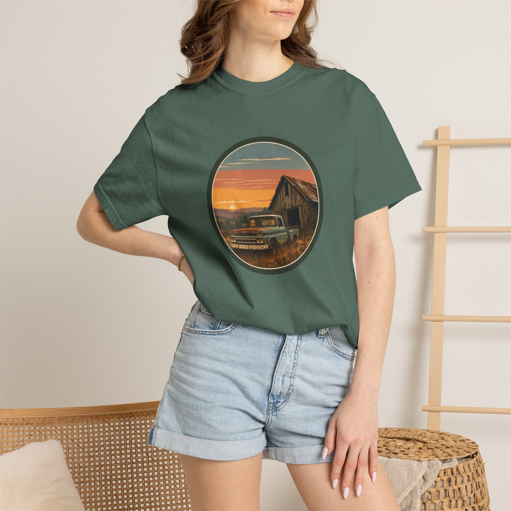 Vintage Sunset Barn T-Shirt — Retro Truck Farm Scene