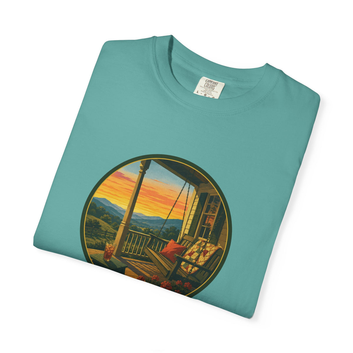 Sunset Porch Circle T-Shirt — Scenic Porch Swing Graphic Tee