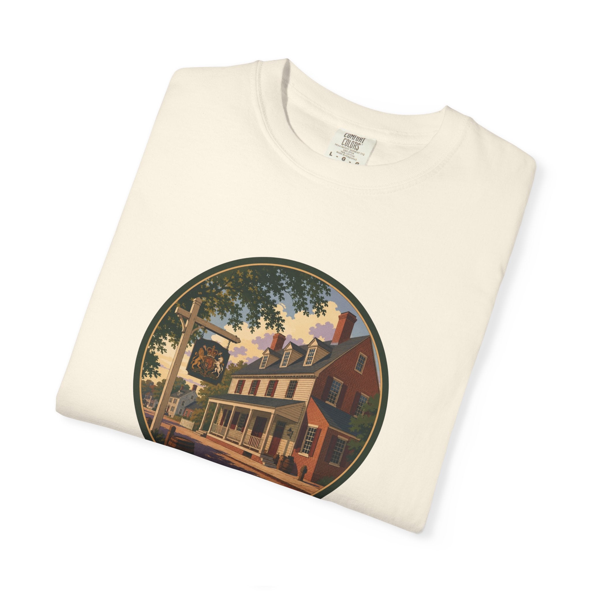 Historic Main Street Tavern T-Shirt — Colonial Village Scene Tee