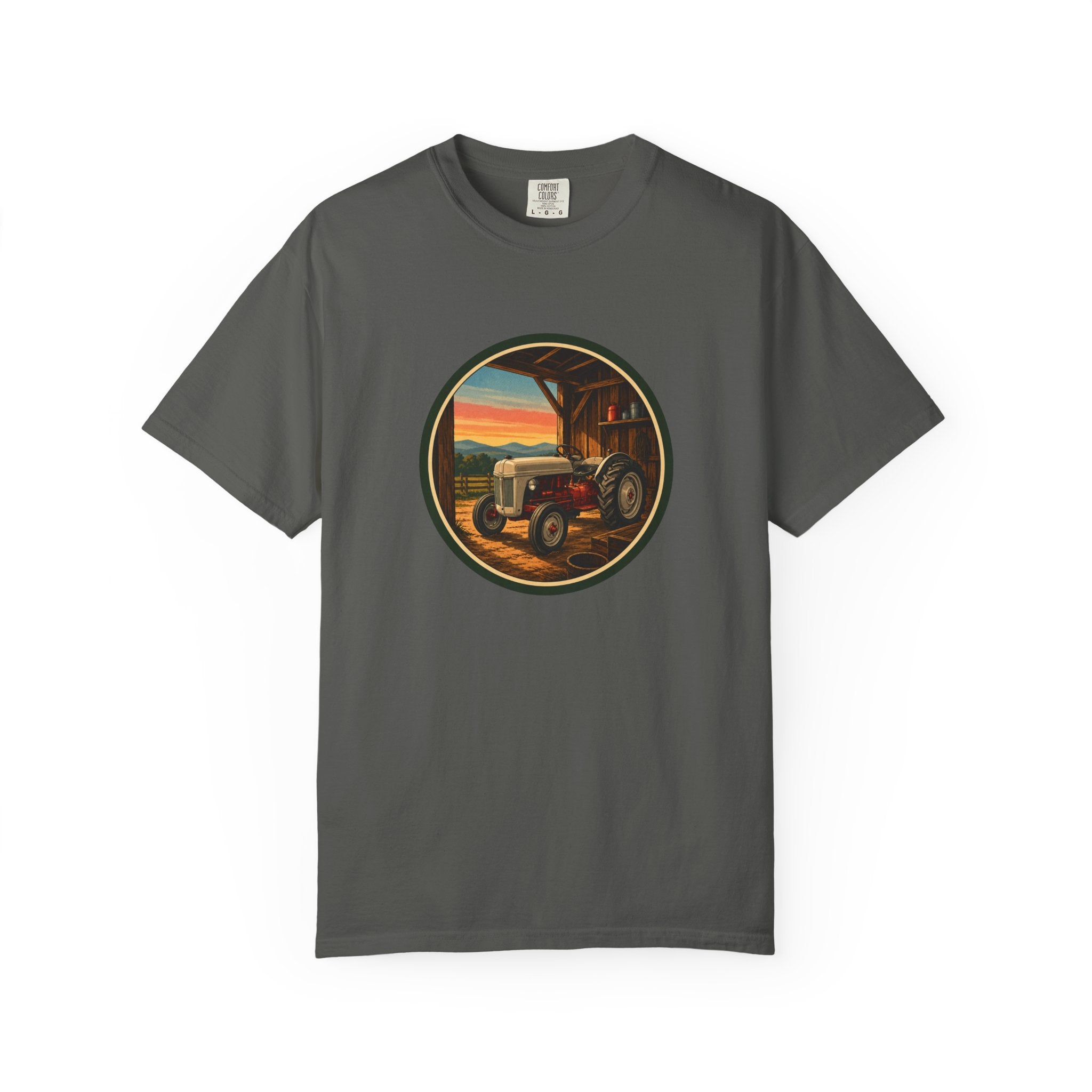 Vintage Tractor Circle T-Shirt — Rustic Farmstead Sunset Tee