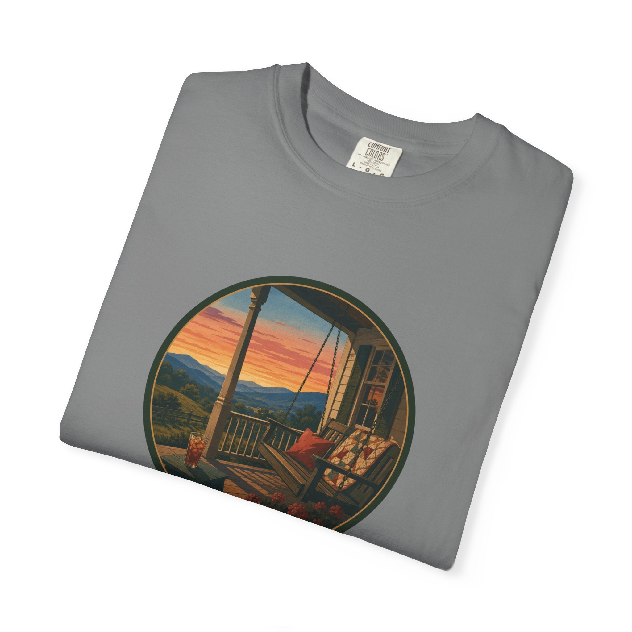 Sunset Porch Circle T-Shirt — Scenic Porch Swing Graphic Tee