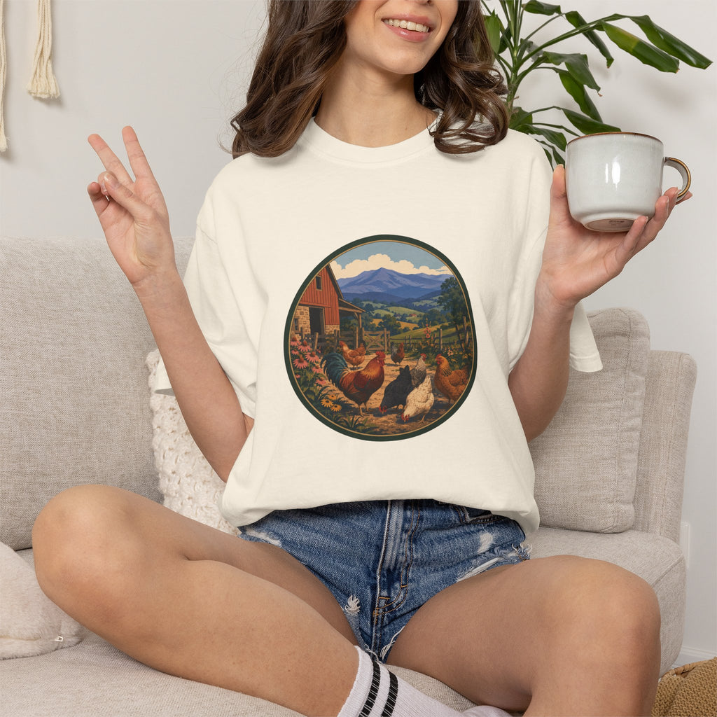 Chicken Farm Vintage Tee — Pastoral Hen Scene T-Shirt
