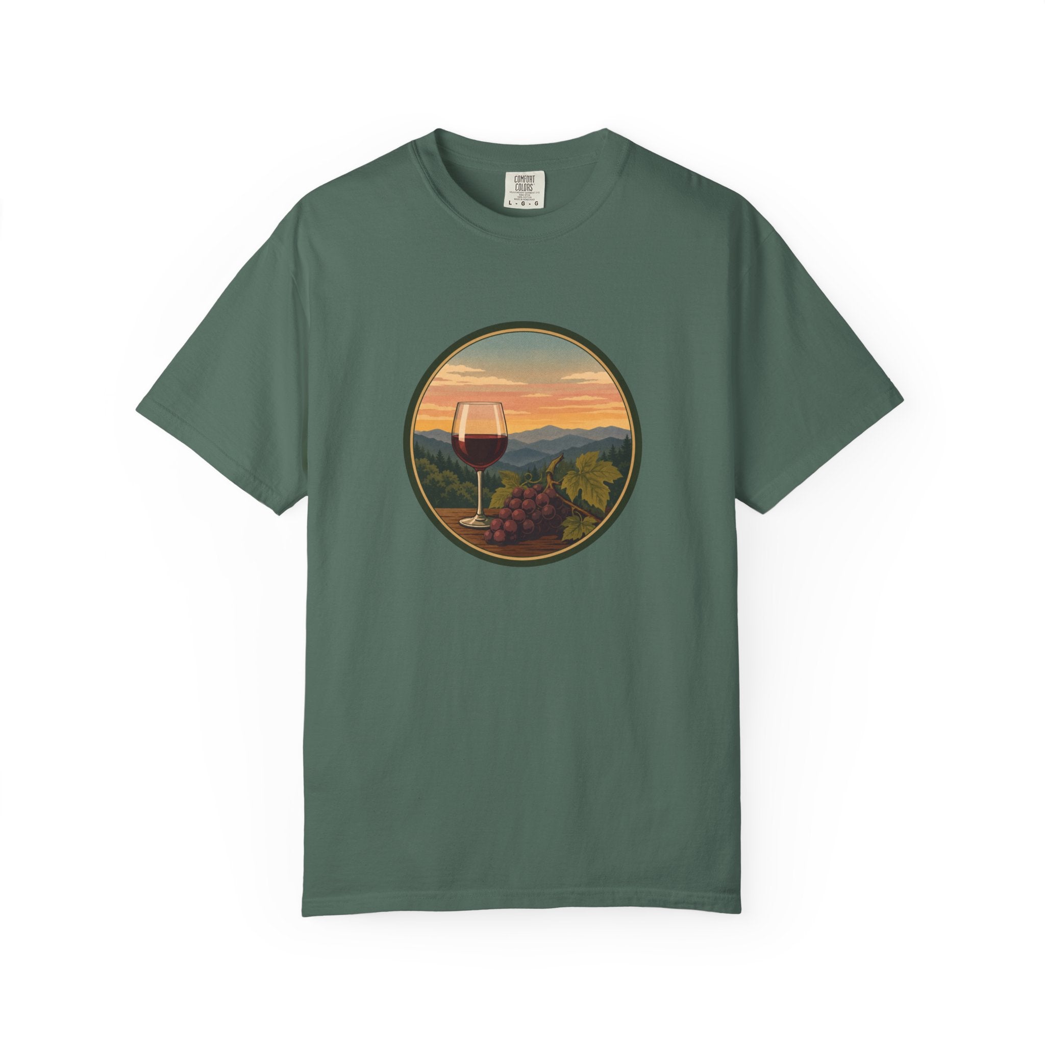 Wine Sunset T-Shirt — Vineyard Glass & Grapes Scenic Tee