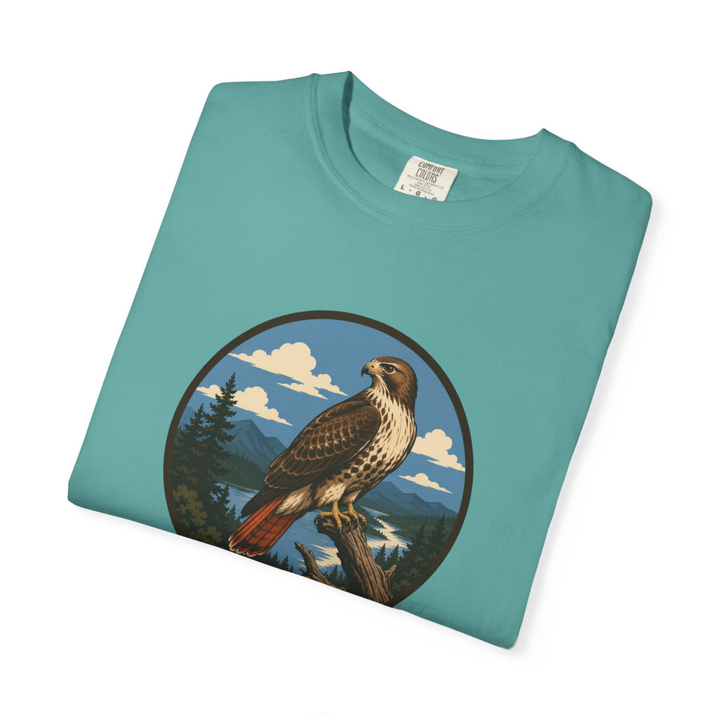 Red-Tail Hawk Mountain Circle T-Shirt — Vintage Hawk Nature Graphic Tee