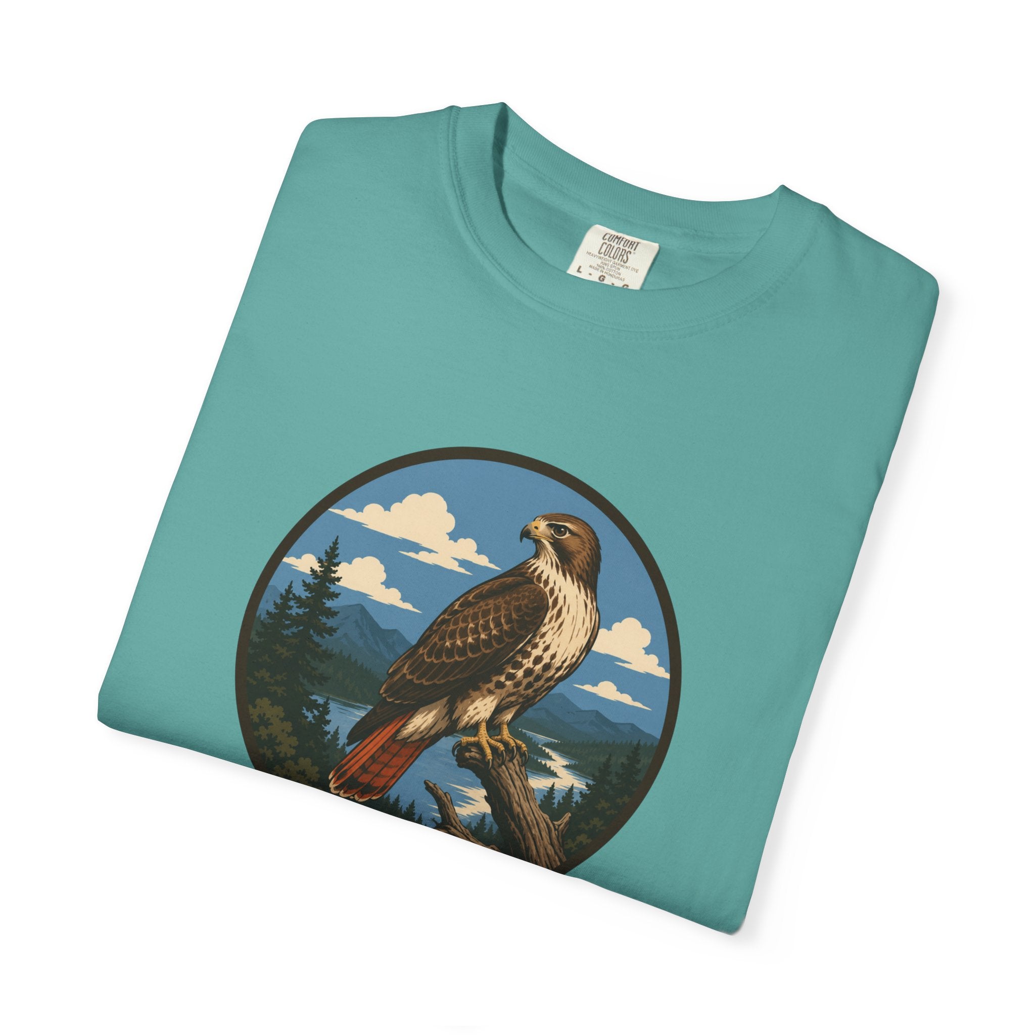 Red-Tail Hawk Mountain Circle T-Shirt — Vintage Hawk Nature Graphic Tee